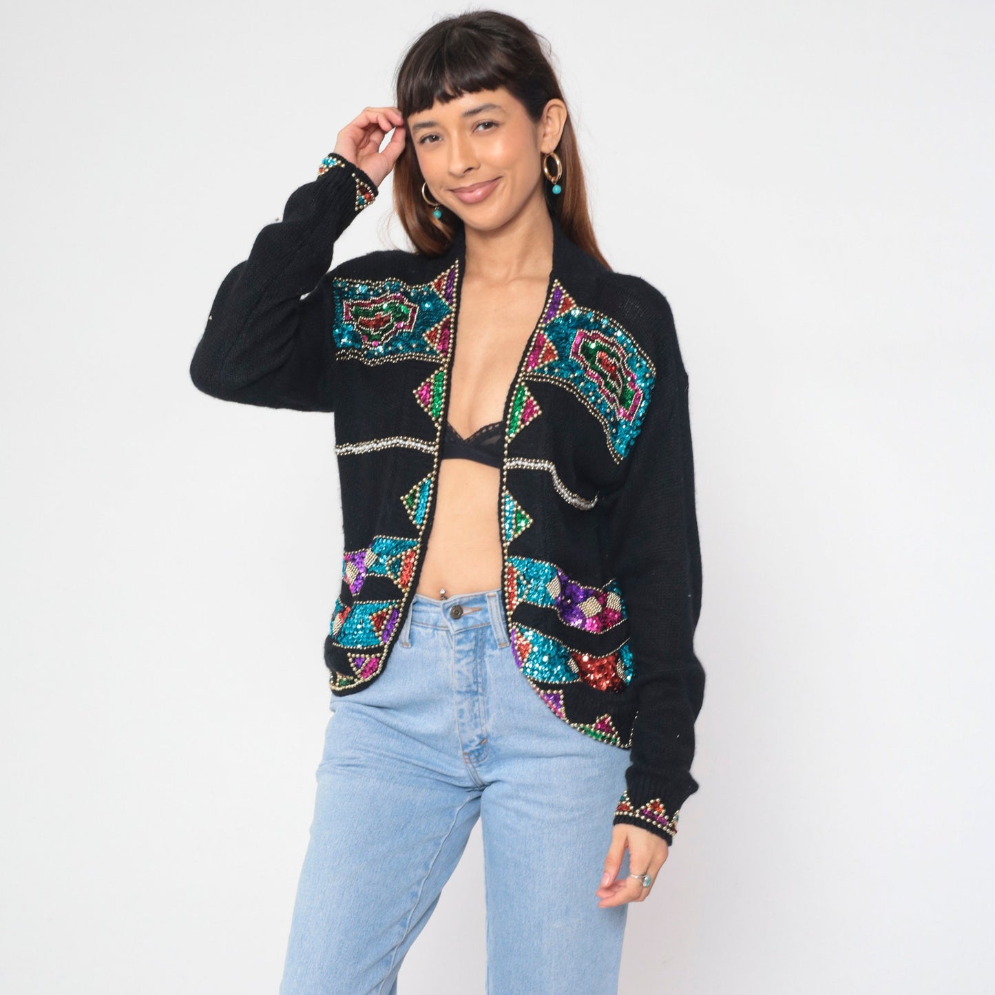 90s Cristina Black Silk Angora Cardigan Sequin Beaded Geometric Small S