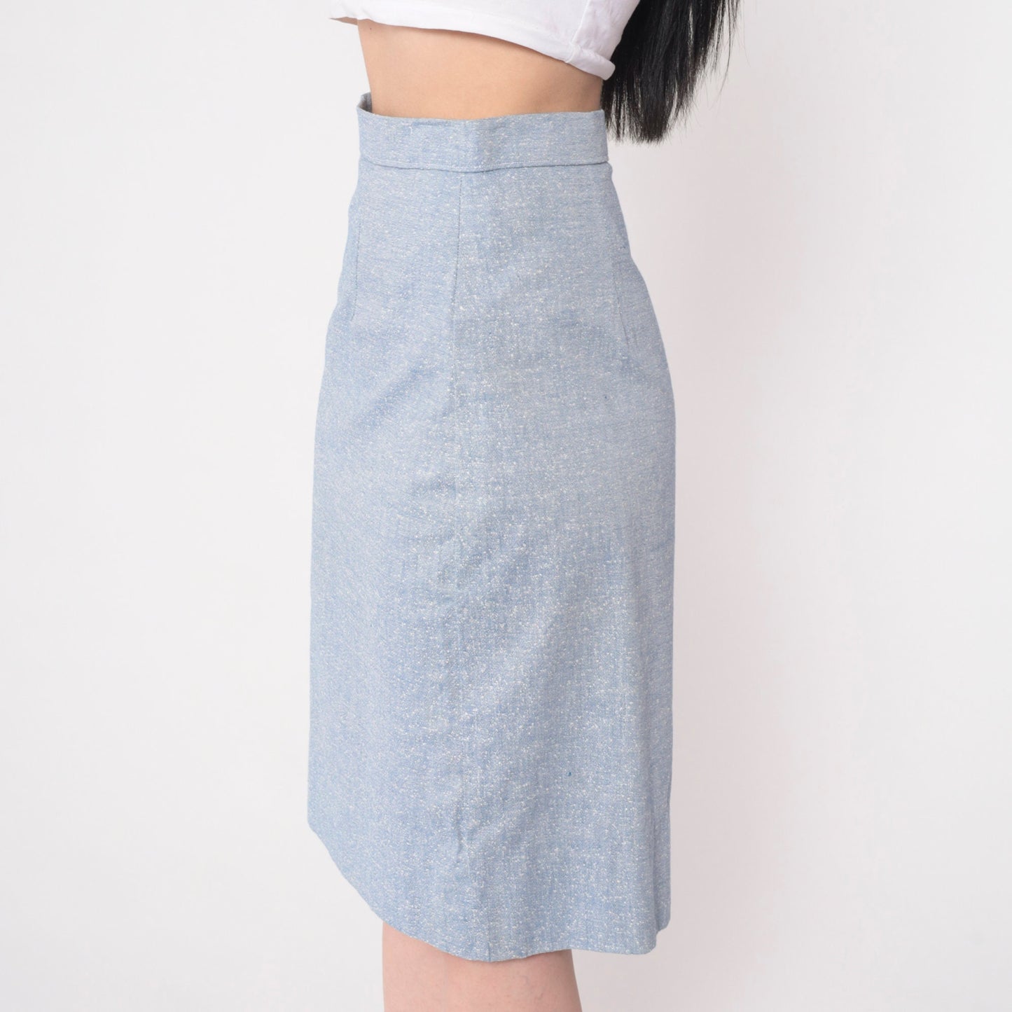 70s Light Blue Flecked Pencil Skirt High Waist Midi Extra Small XS