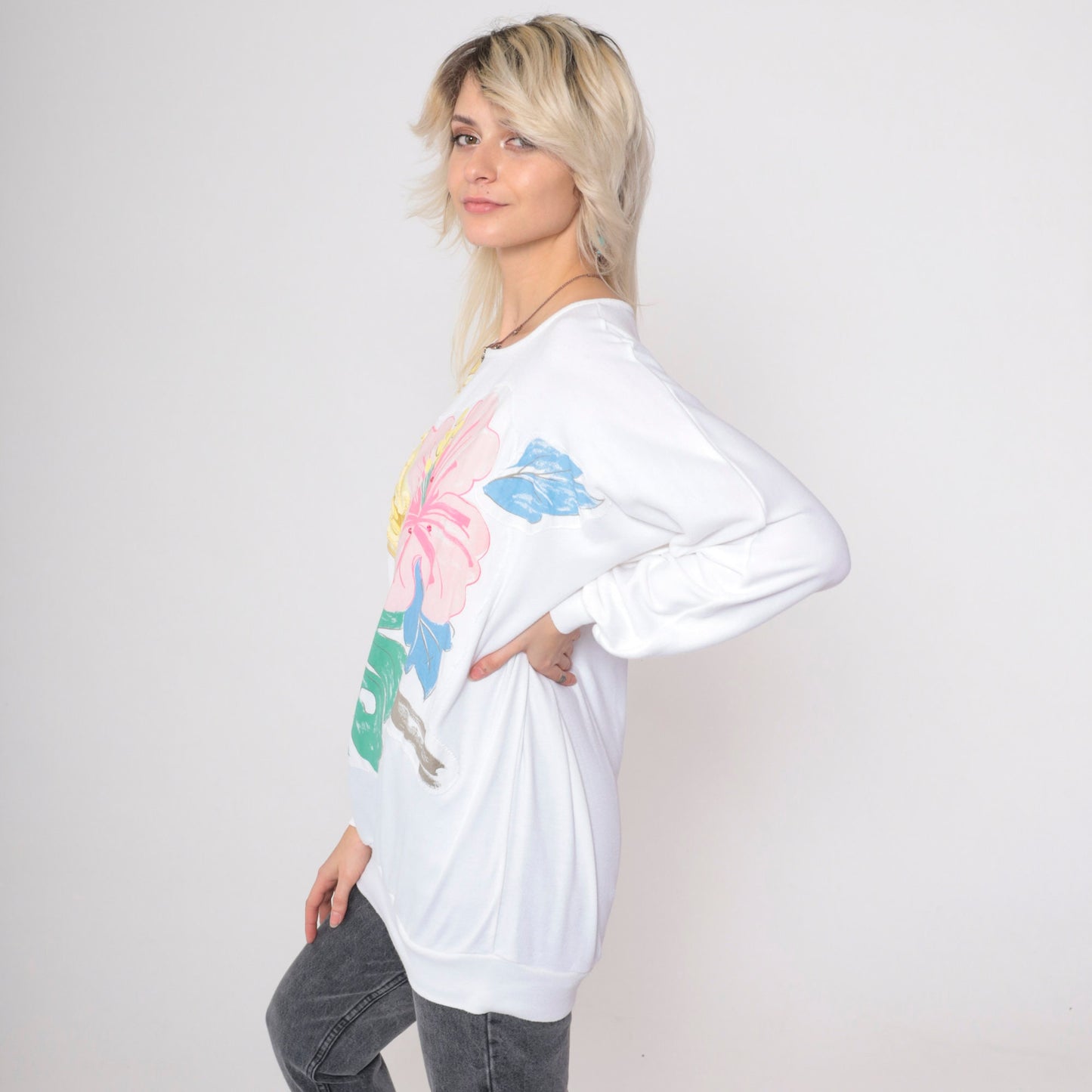90s Tropical Bird Sequin Sweatshirt White Dolman Sleeve Graphic Large L