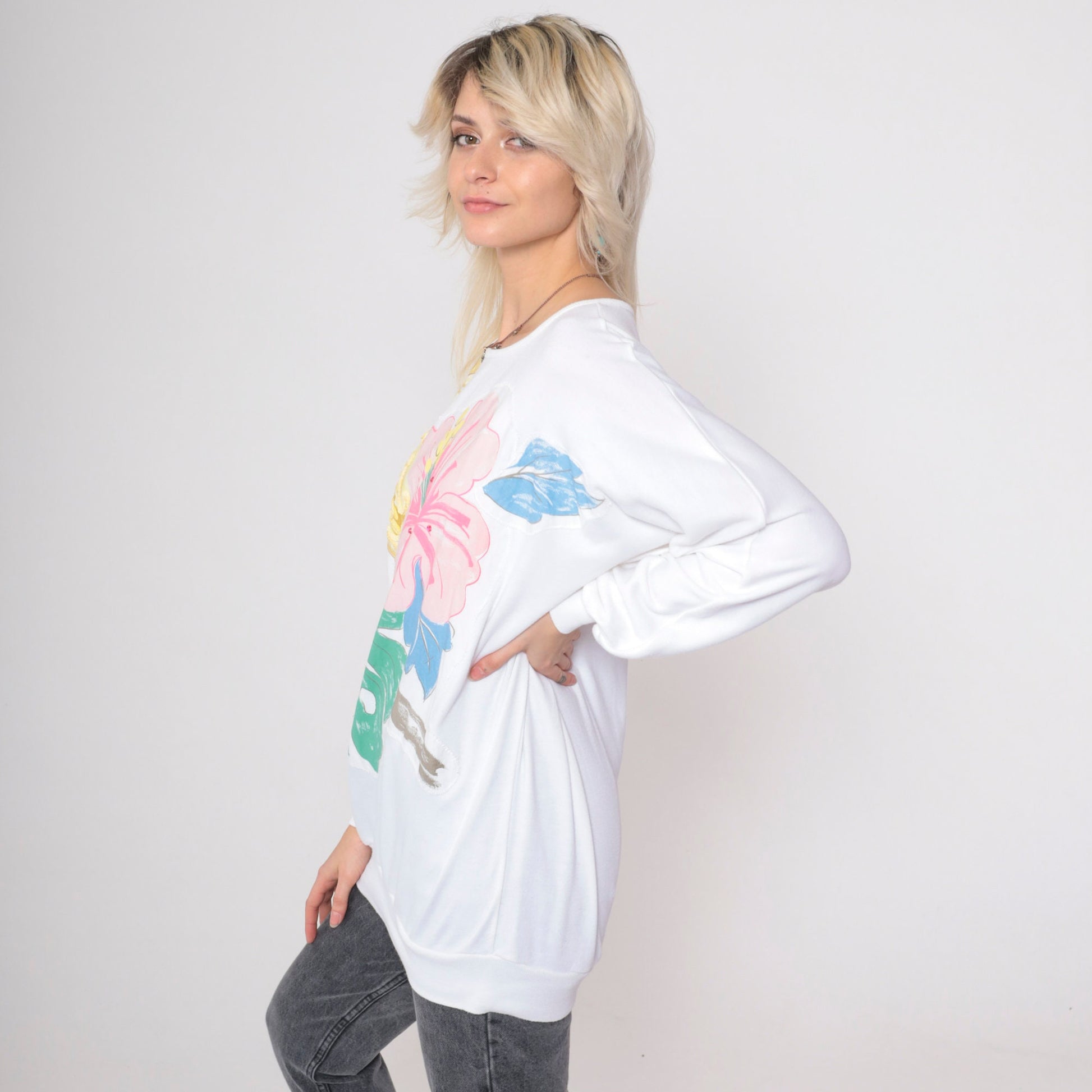90s Tropical Bird Sequin Sweatshirt White Dolman Sleeve Graphic Large L