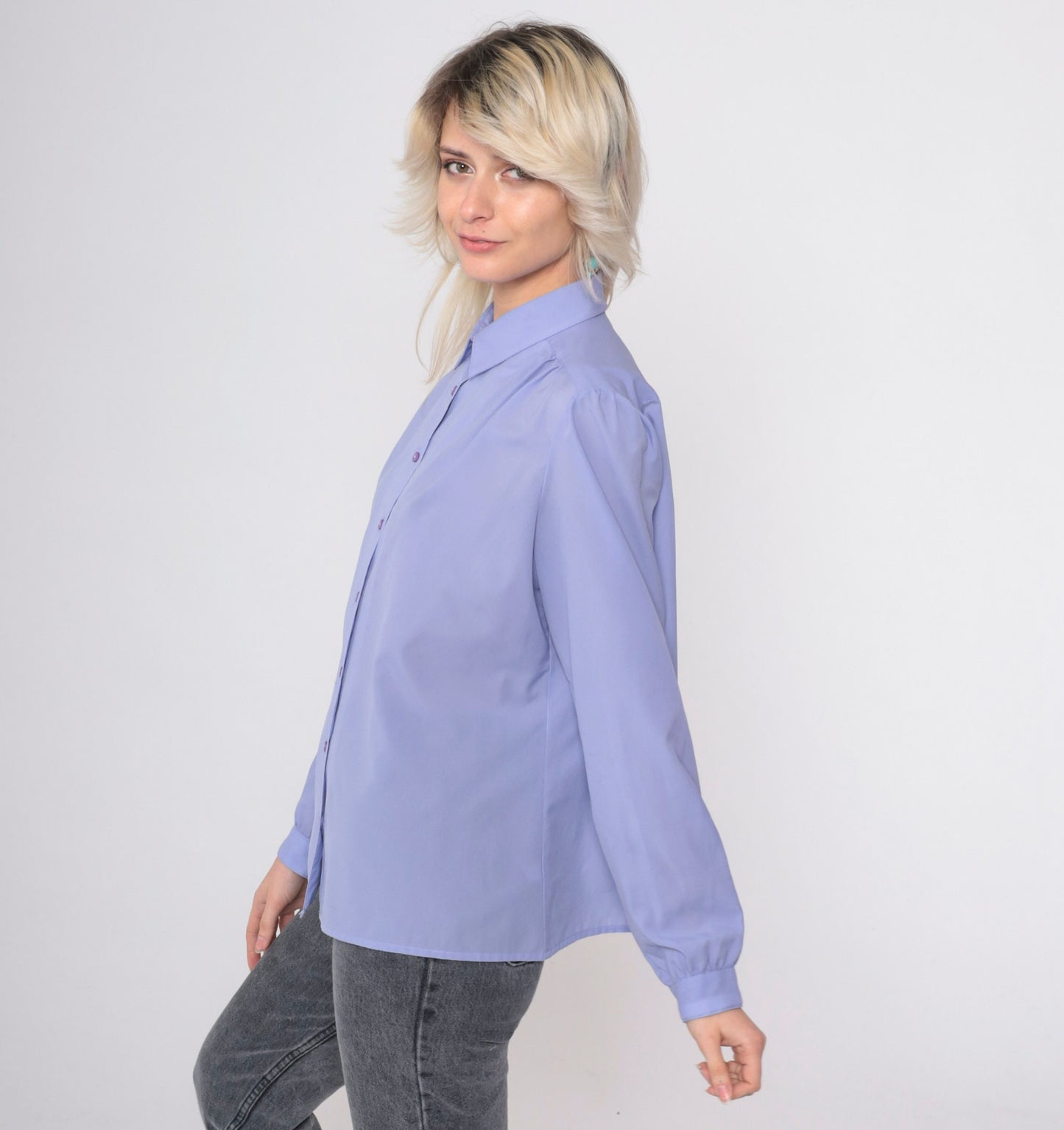 80s Periwinkle Puff Sleeve Button-Up Blouse Collared Shirt Large 14