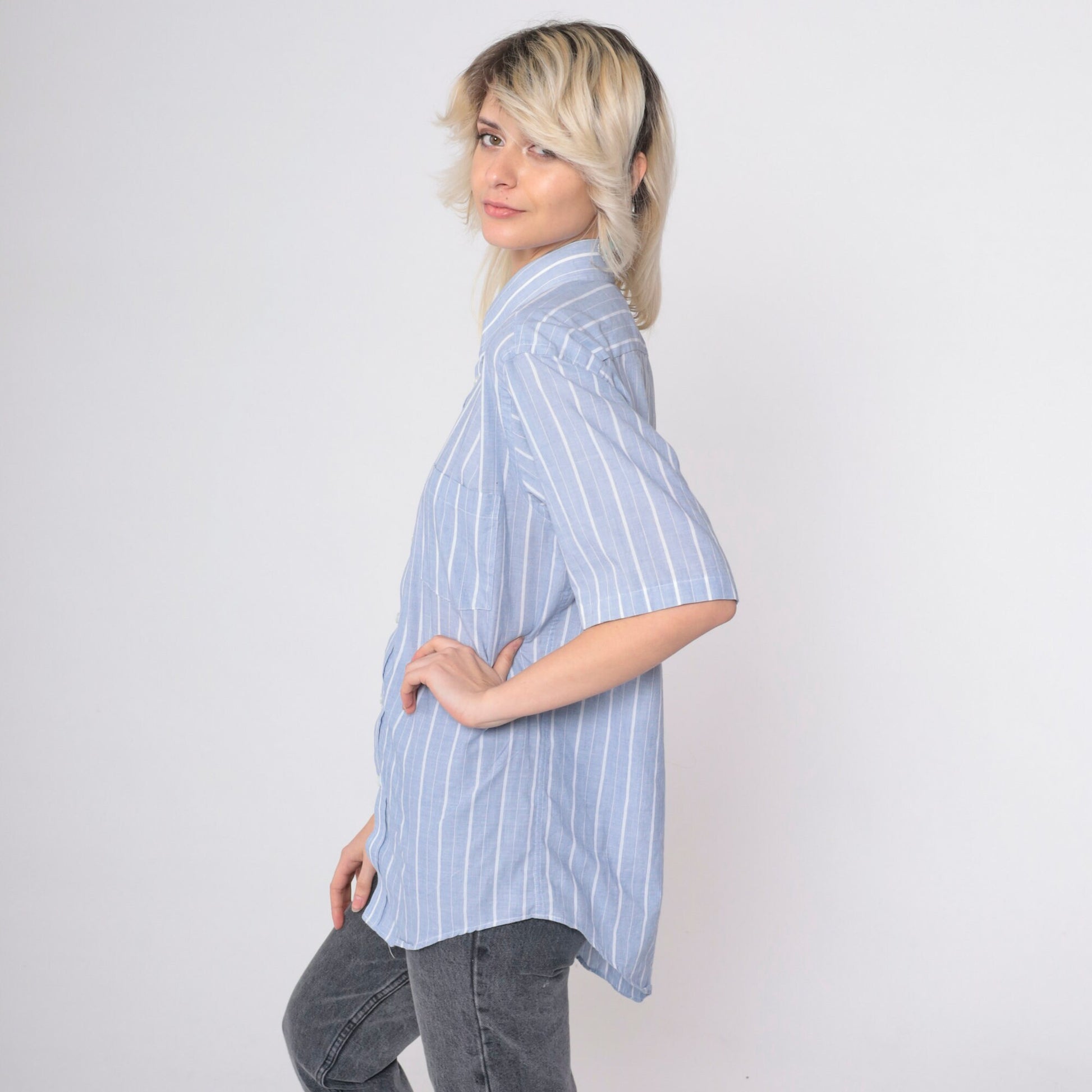 80s Golden Needle Blue Striped Button-Up Shirt Cotton Blend Short Sleeve Medium