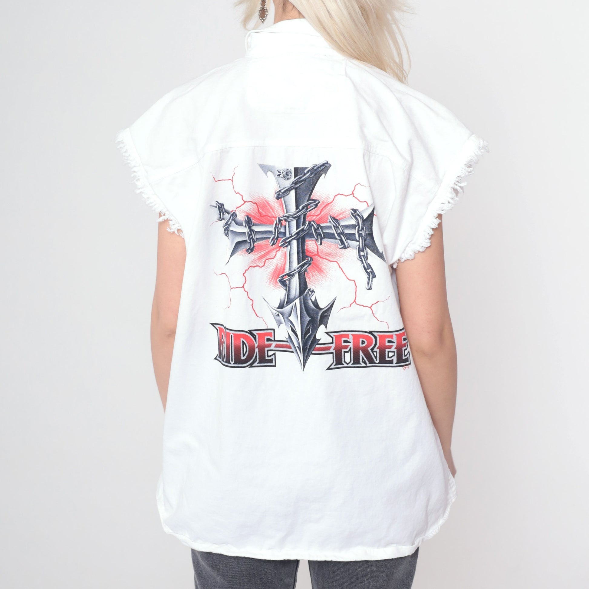 90s Ride Free Motorcycle Cutoff Tank Top White Cotton Button Up Extra Large