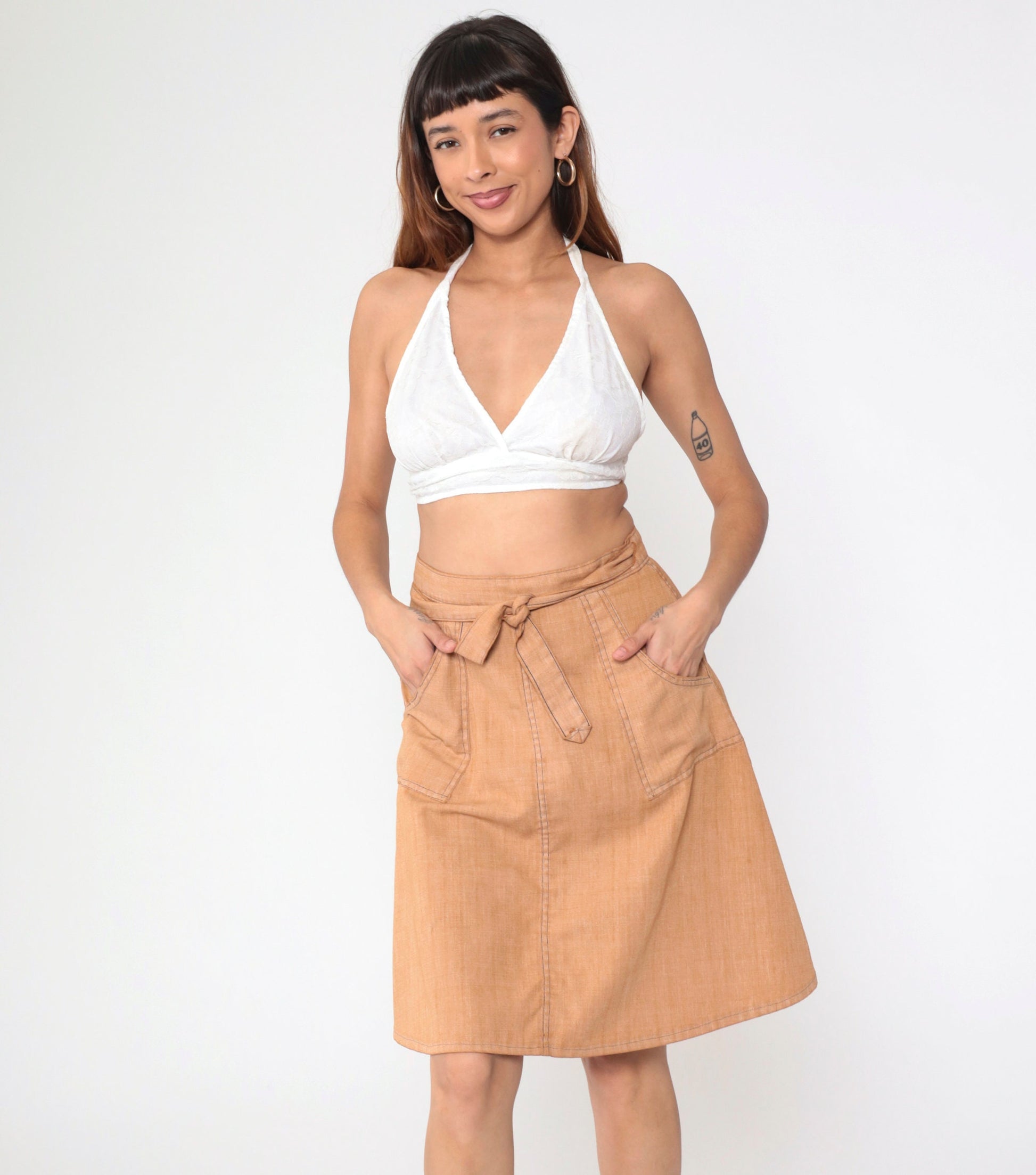 70s Madewell Wrap Skirt Tan Patch Pocket High Waist Knee Length Small