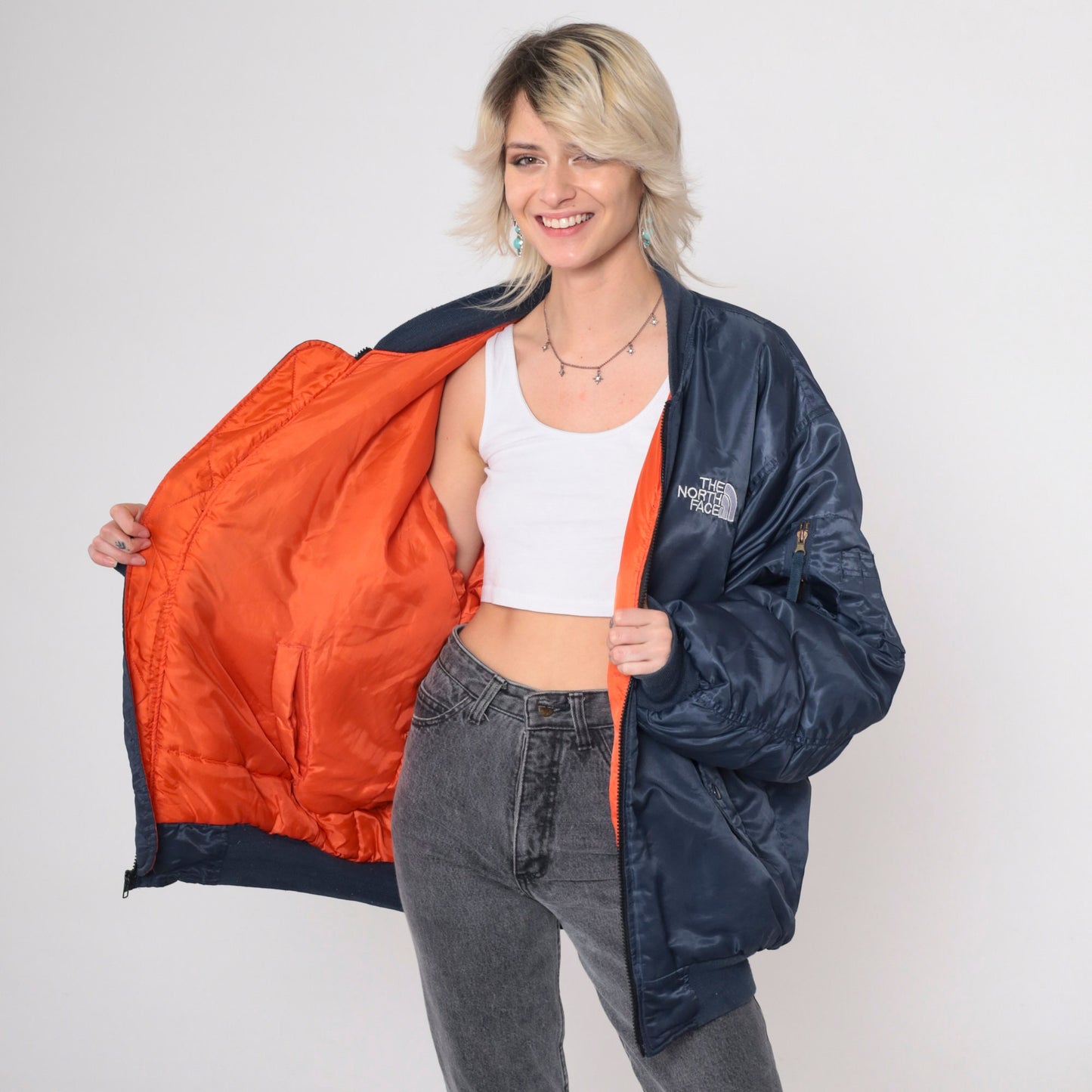 90s The North Face Reversible Bomber Jacket Navy Orange Puffer Large