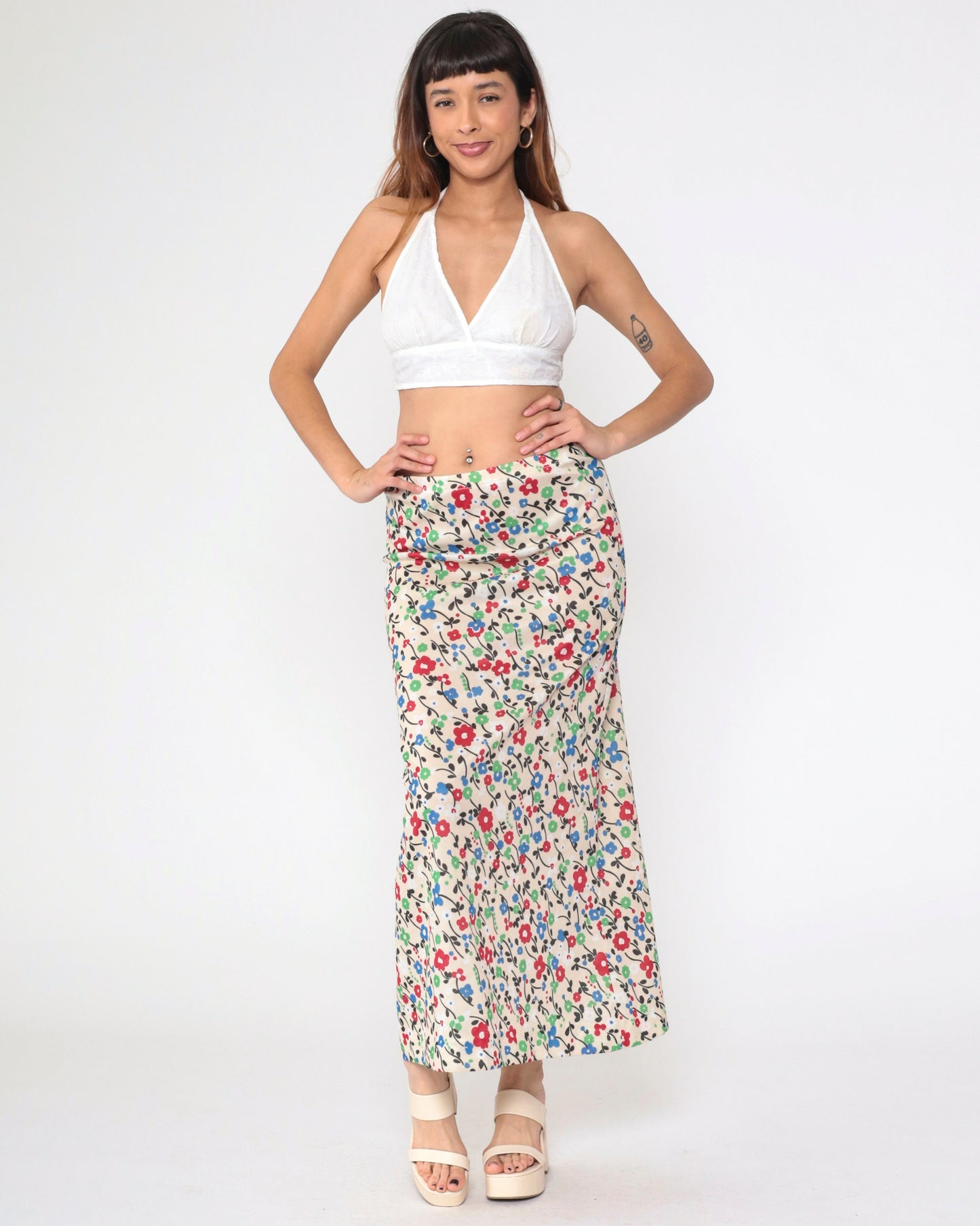 70s Floral Maxi Skirt High Waist Elastic Cream Red Green Blue Medium