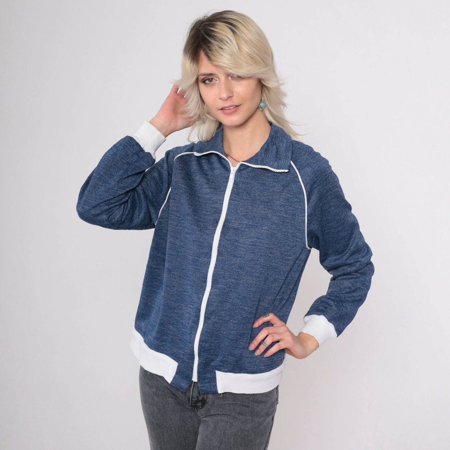 80s Heather Blue Track Jacket Zip Up Raglan Sleeve Medium