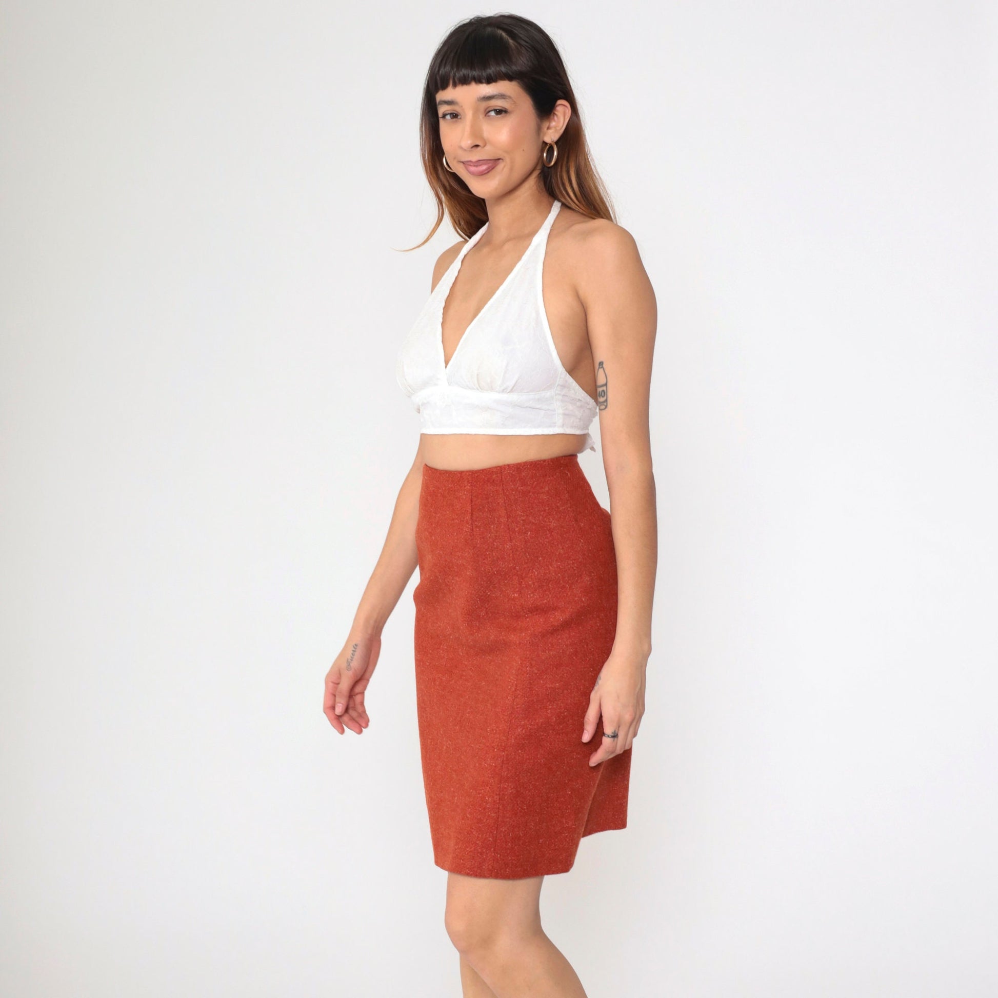 70s Wool Blend Mini Pencil Skirt High Waist Rust Orange Flecked Extra Small