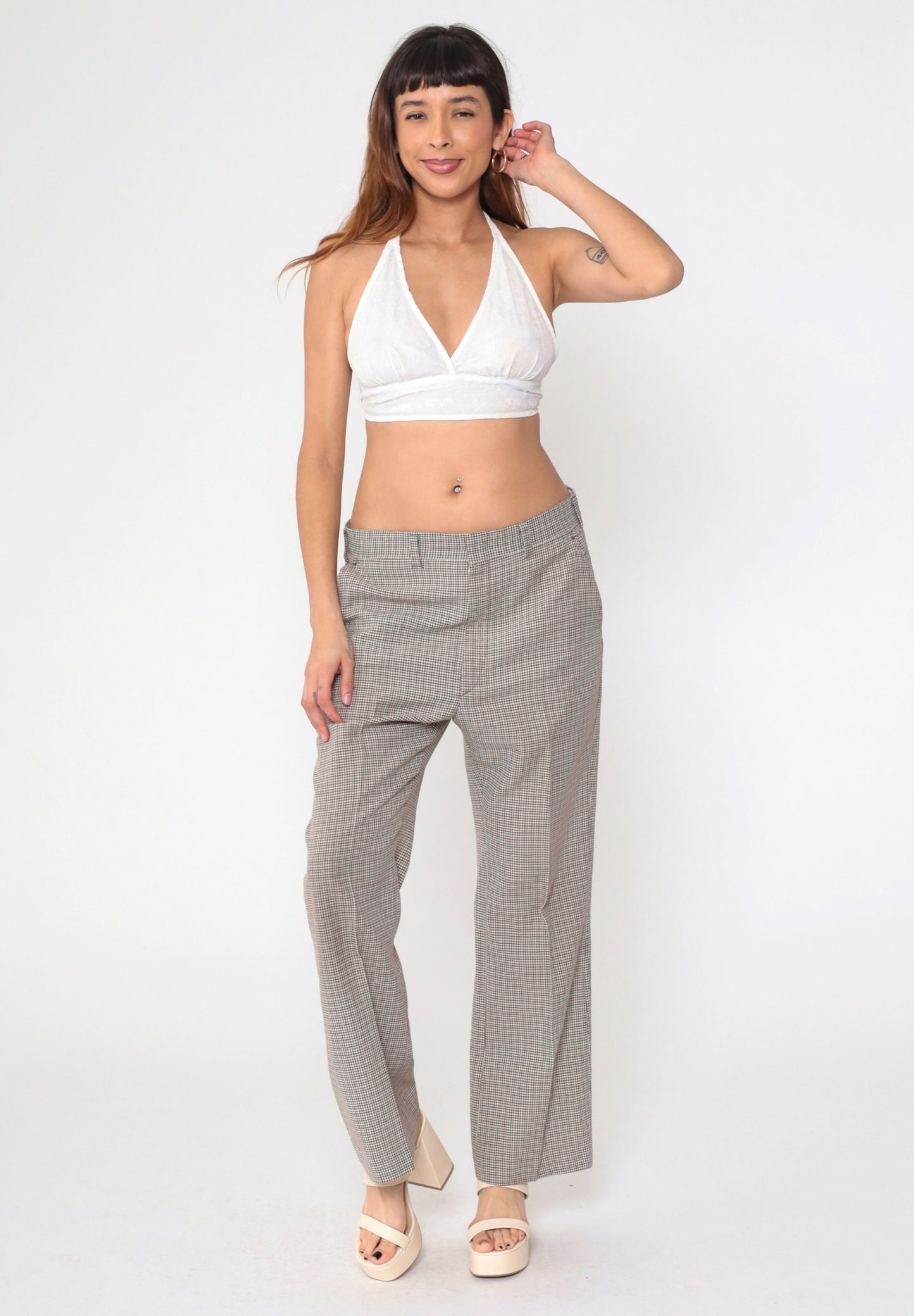 70s Haggar Houndstooth Bell Bottom Trousers Black Brown White High Waist Medium Large