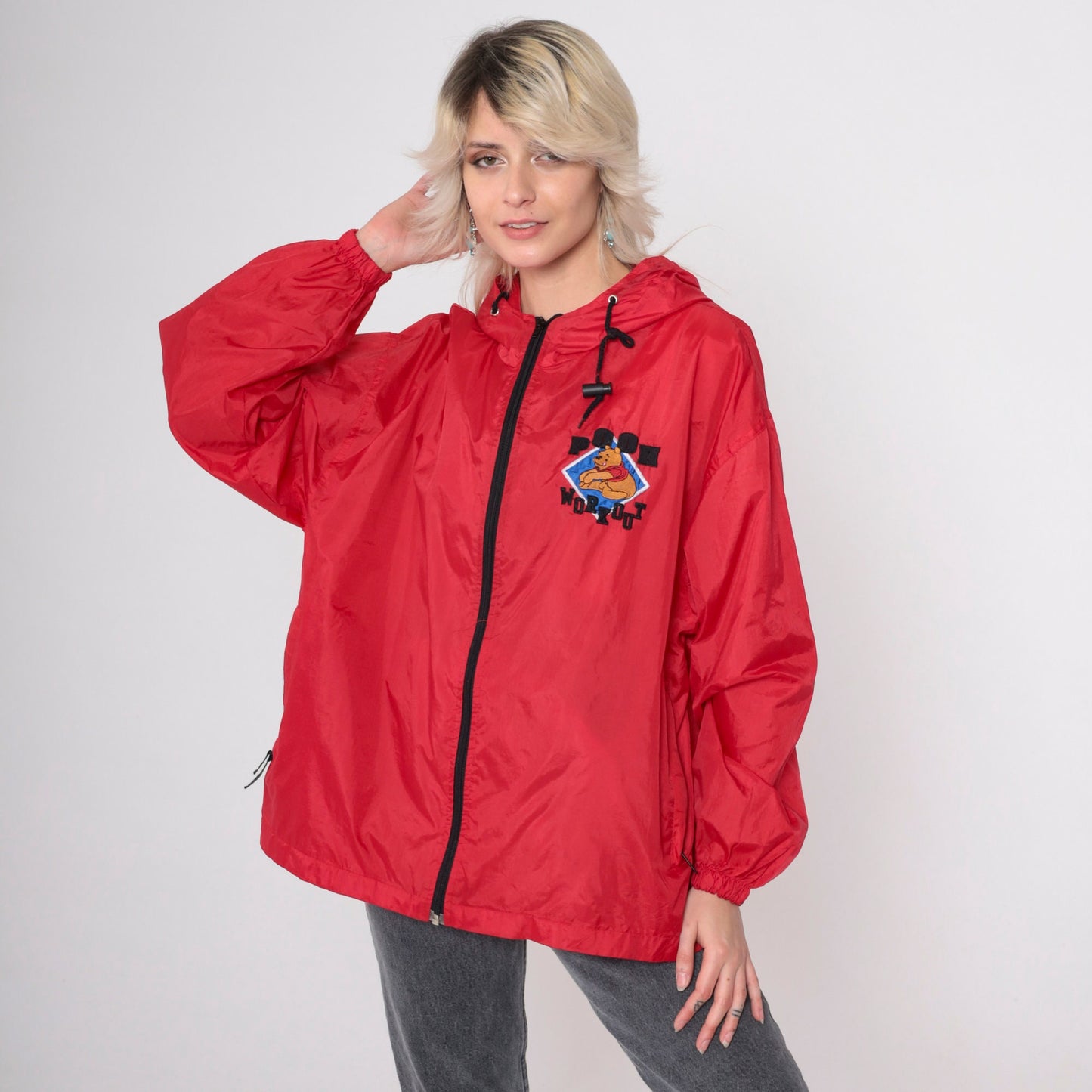 90s Winnie The Pooh Red Windbreaker Jacket Hooded Disney Medium