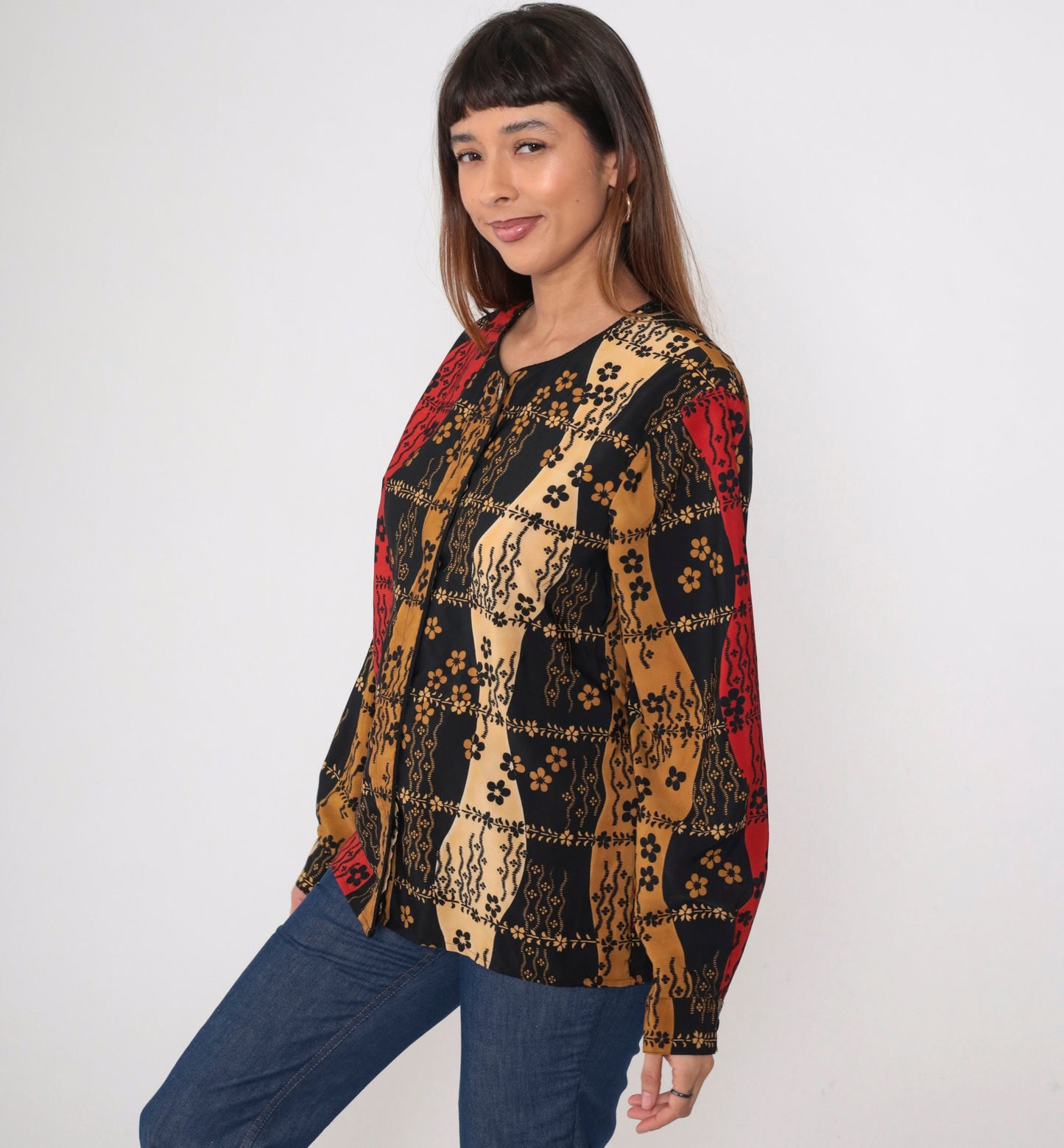 90s Jordan Floral Button-Up Blouse Hidden Buttons Long Sleeve Black Red Brown Large