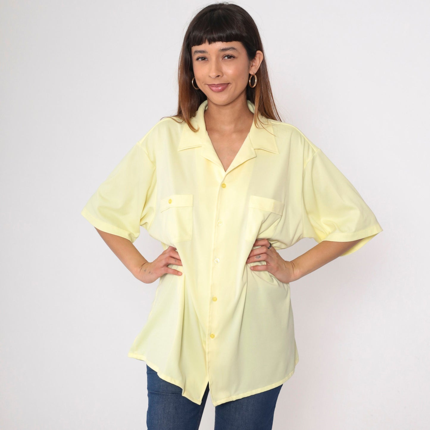 80s Yellow Button-Up Shirt Men's Extra Large Chest Pocket Short Sleeve