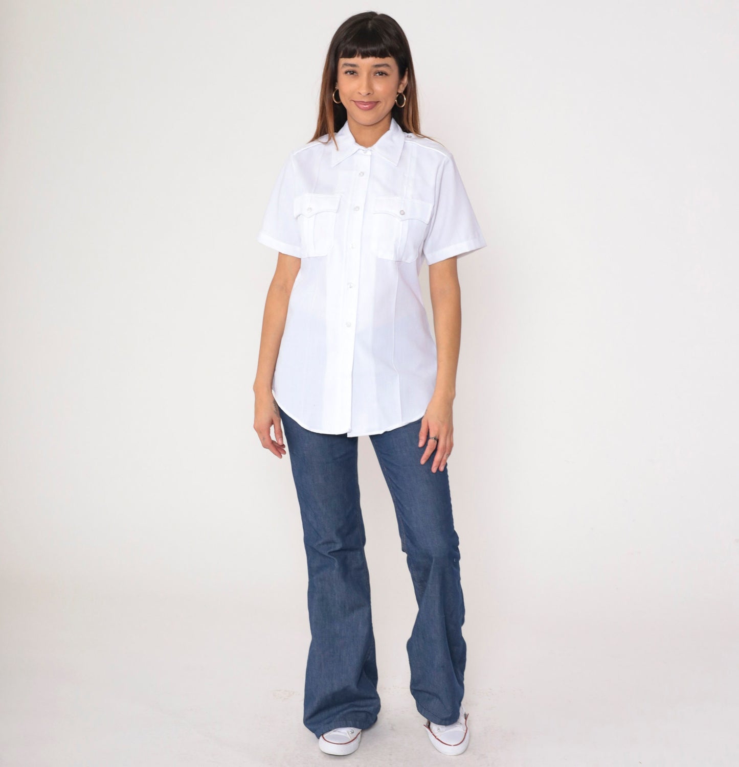 80s Flying Cross White Utility Shirt Button Up Uniform Medium