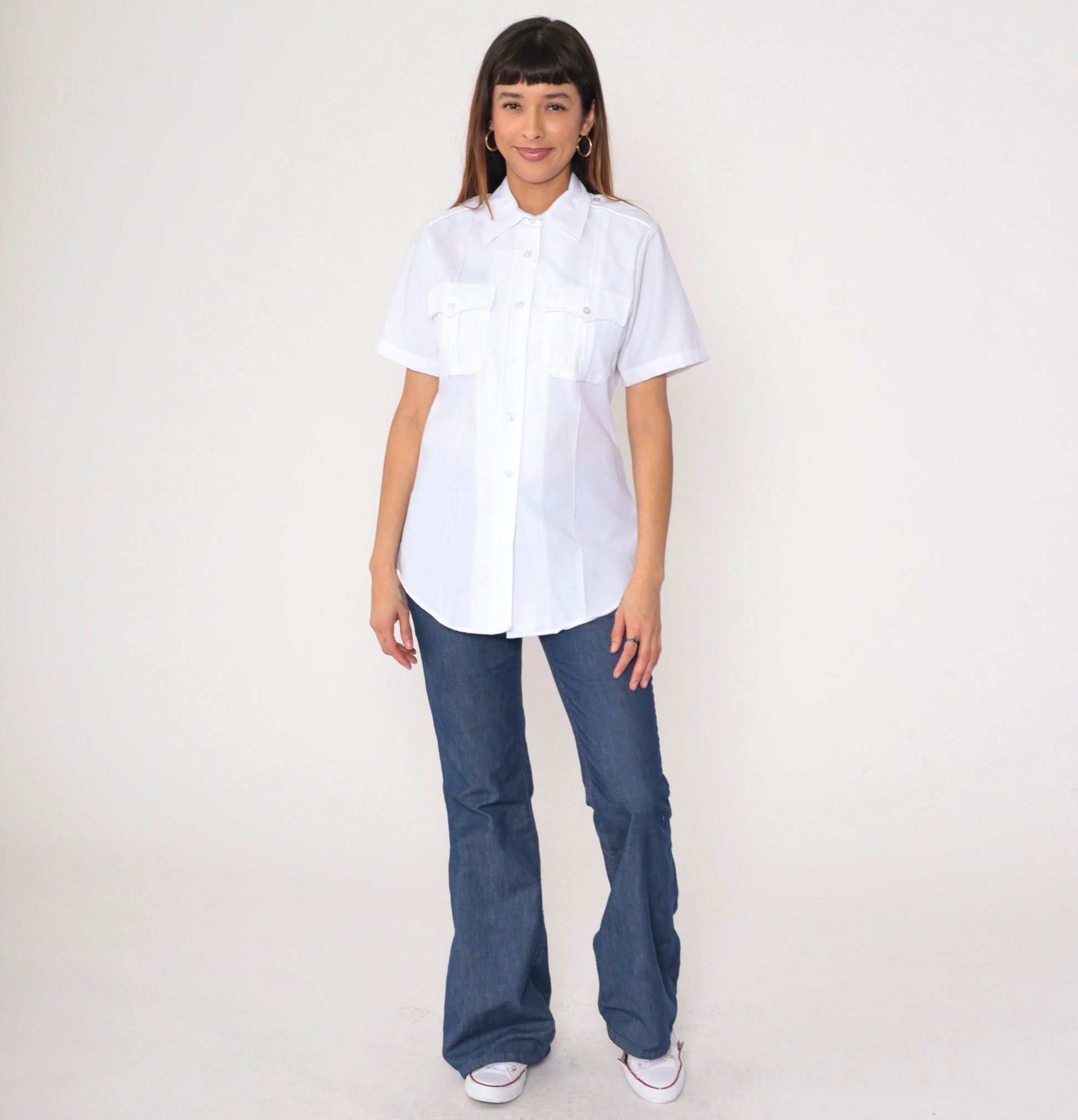 80s Flying Cross White Utility Shirt Button Up Uniform Medium