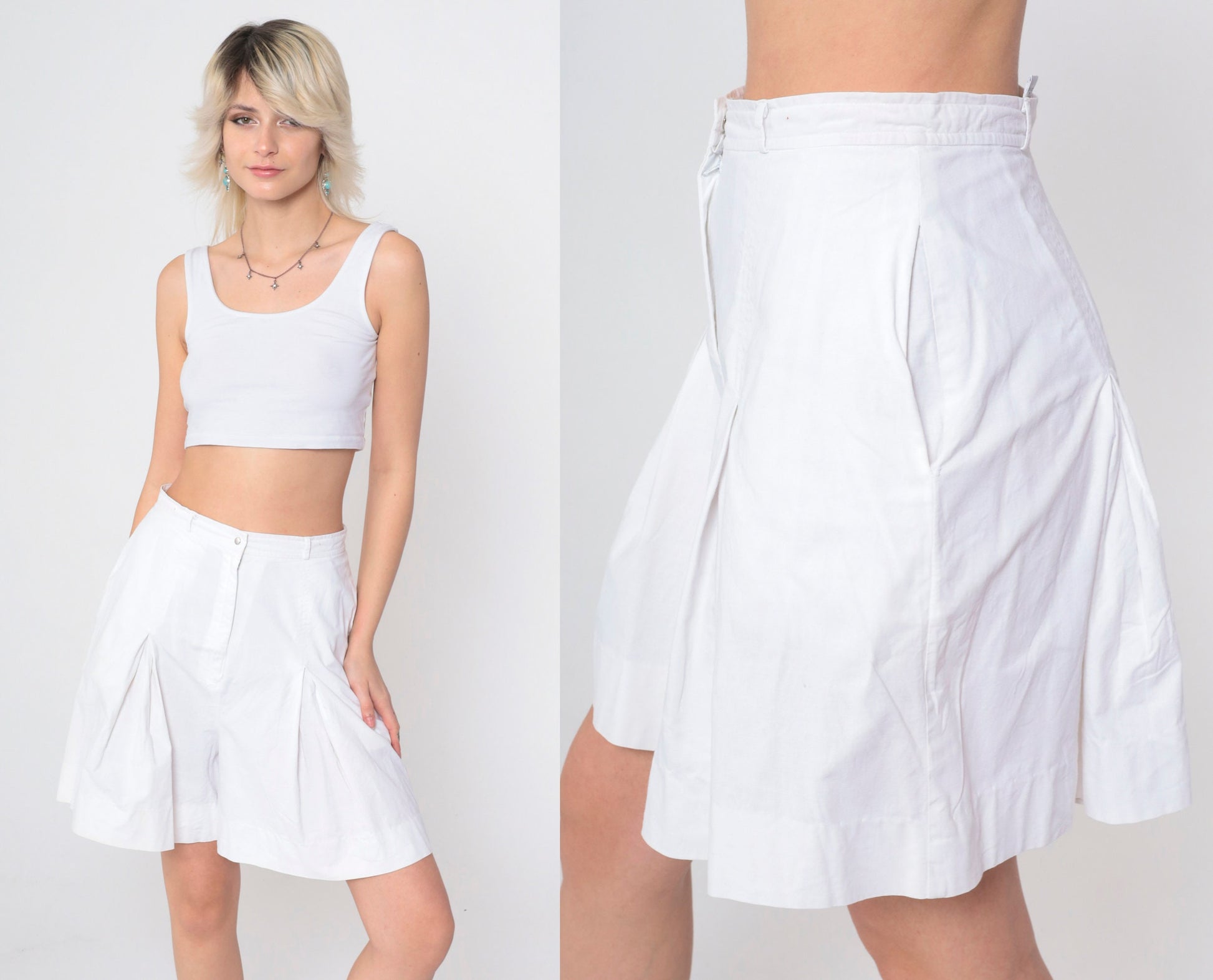 90s White Pleated High-Waist Shorts Wide Leg Cotton Small