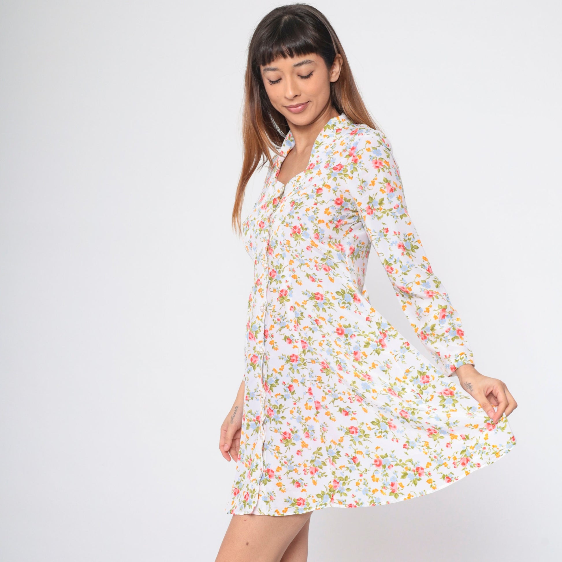 90s White Floral Mini Dress Button-Up Long Sleeve Ditsy Print Medium M