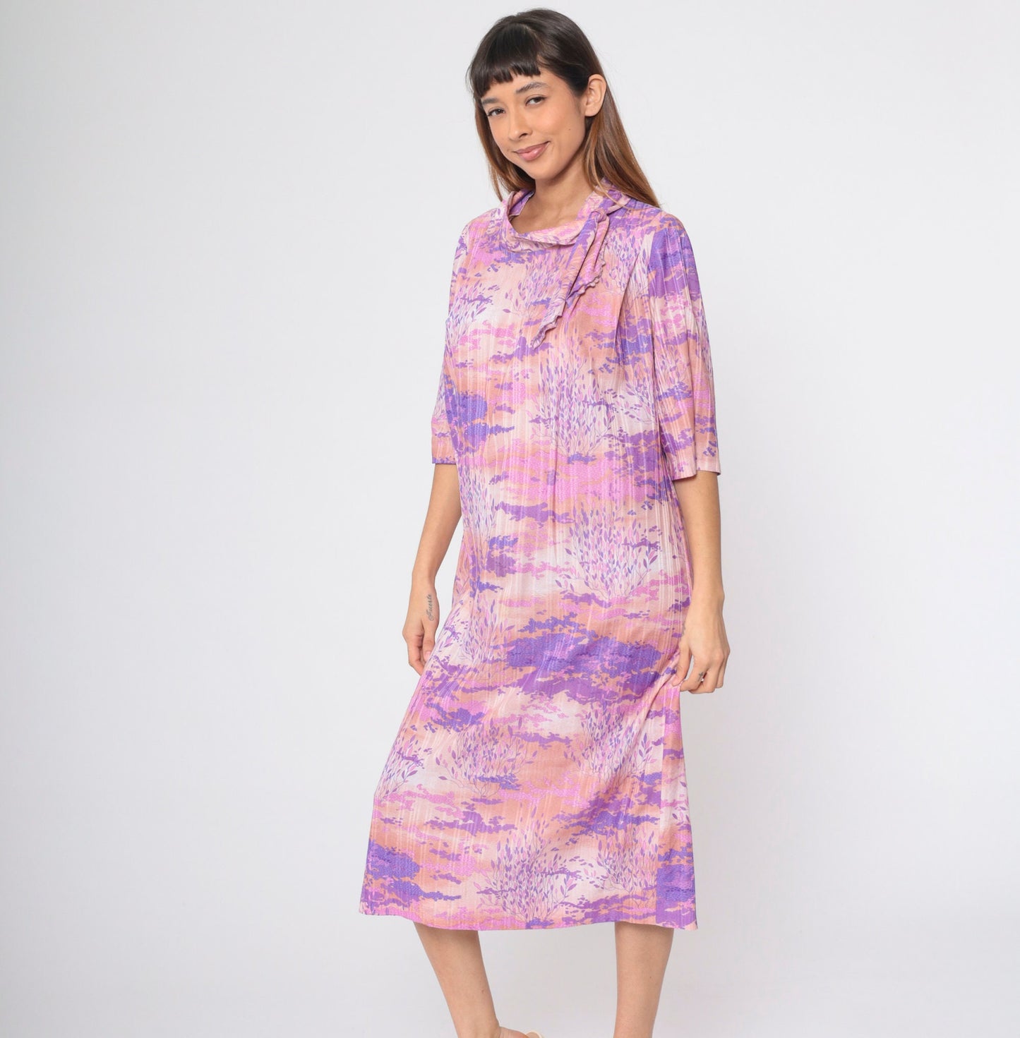 70s Psychedelic Midi Dress Abstract Tree Cloud Print Ascot Tie Short Sleeve Purple Pink Large L