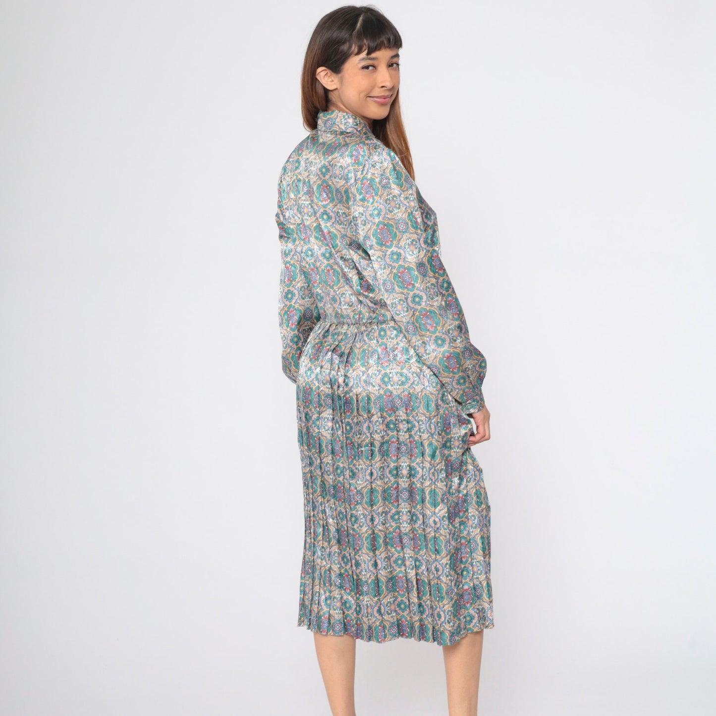 80s Shirtwaist Midi Dress Floral Mandala Print High Waisted Pleated Medium
