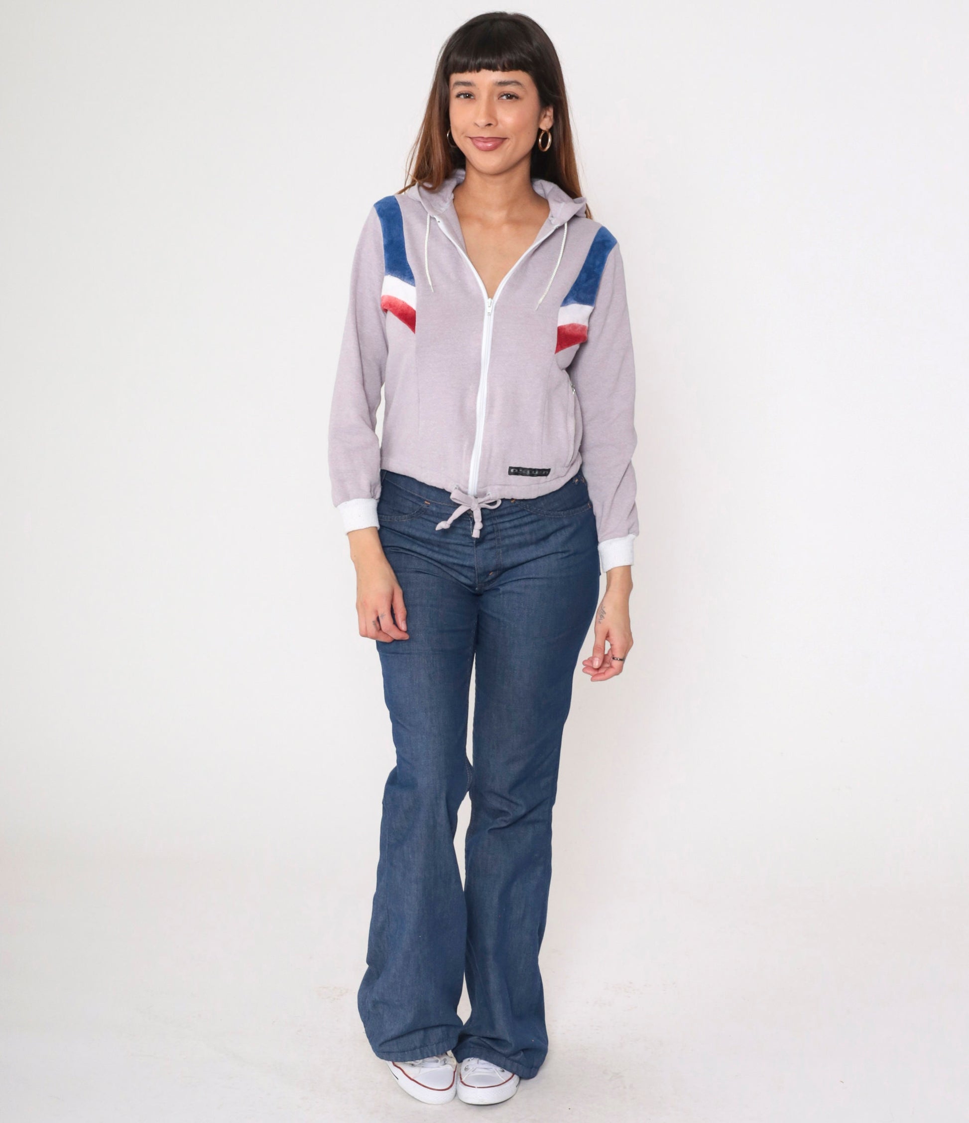 80s Aspen Hooded Track Jacket Grey Velour Striped Zip-Up Hoodie Small