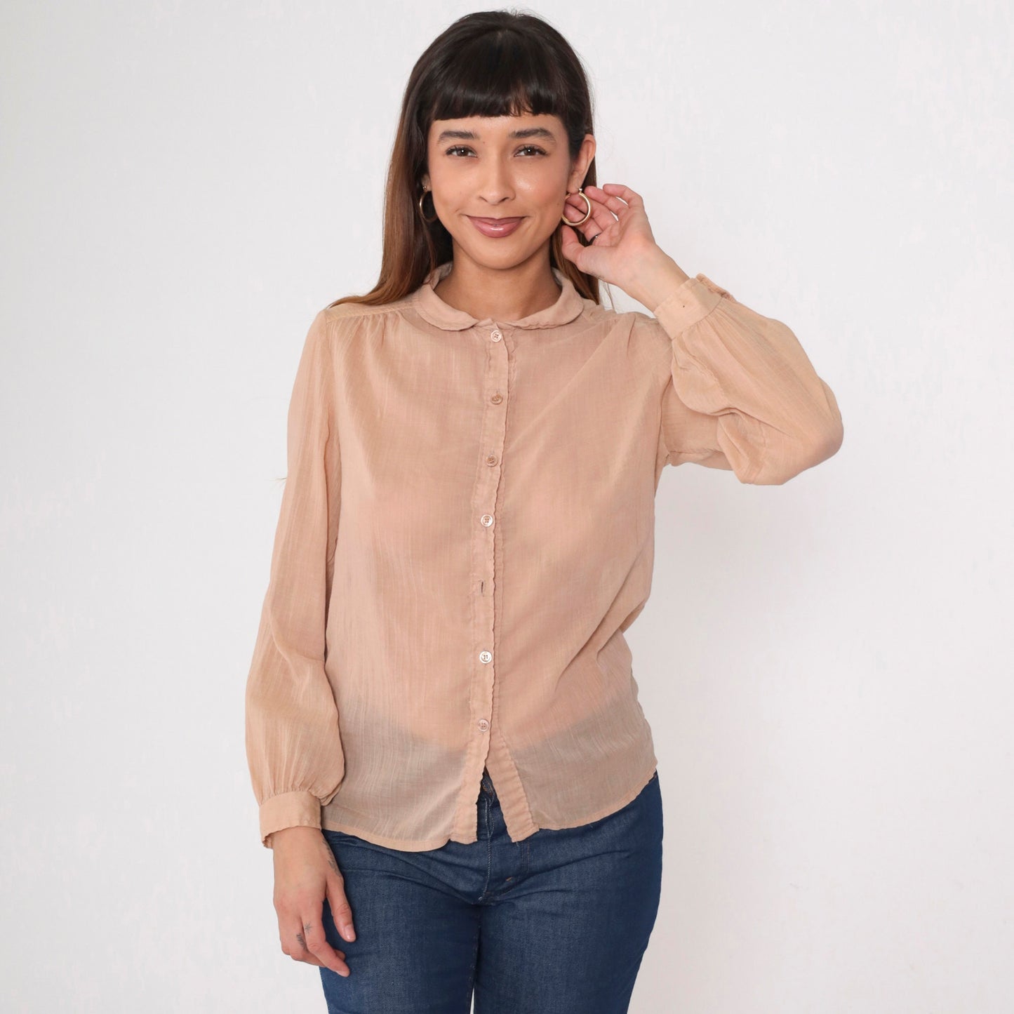 70s Tan Gauze Blouse Peter Pan Collar Button Up Long Sleeve Small