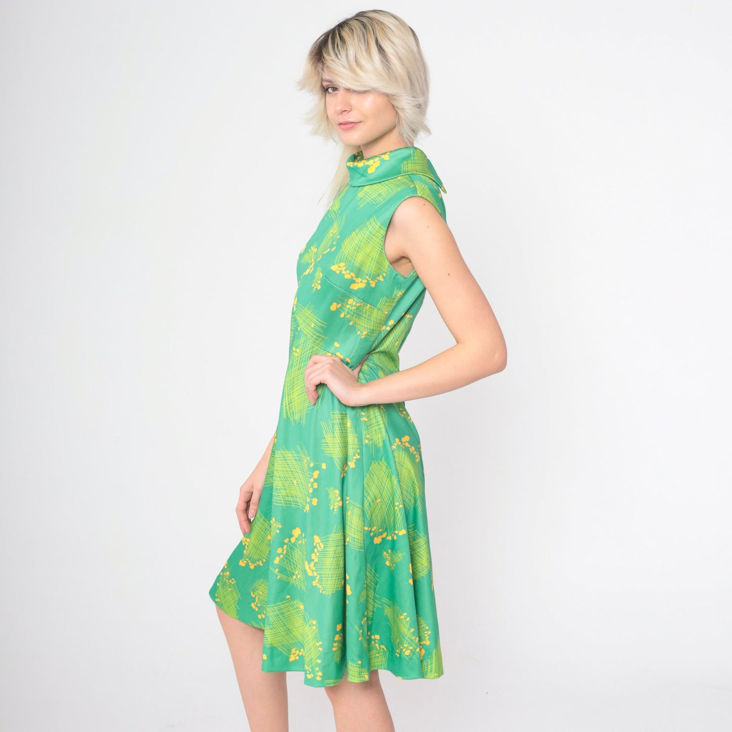 70s Emilio Borghese Abstract Floral Dress Green Mock Neck Midi Small Medium