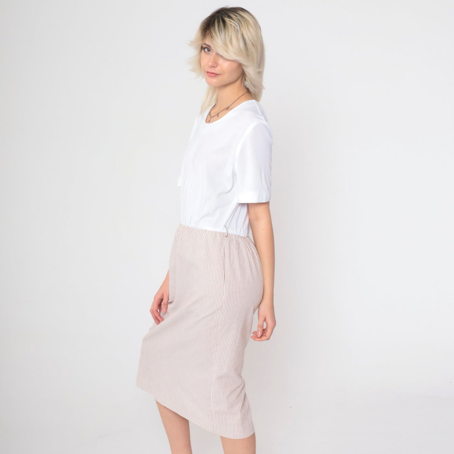 80s Wili of California Pinstriped Midi Dress White Brown Scoop Neck Small Medium