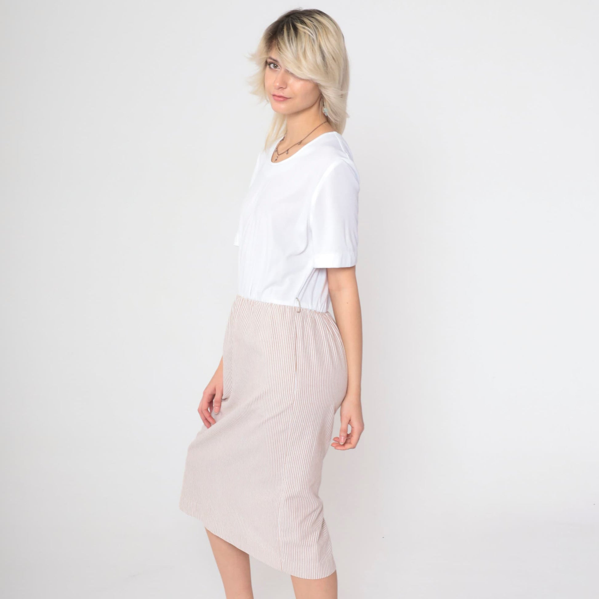 80s Wili of California Pinstriped Midi Dress White Brown Scoop Neck Small Medium