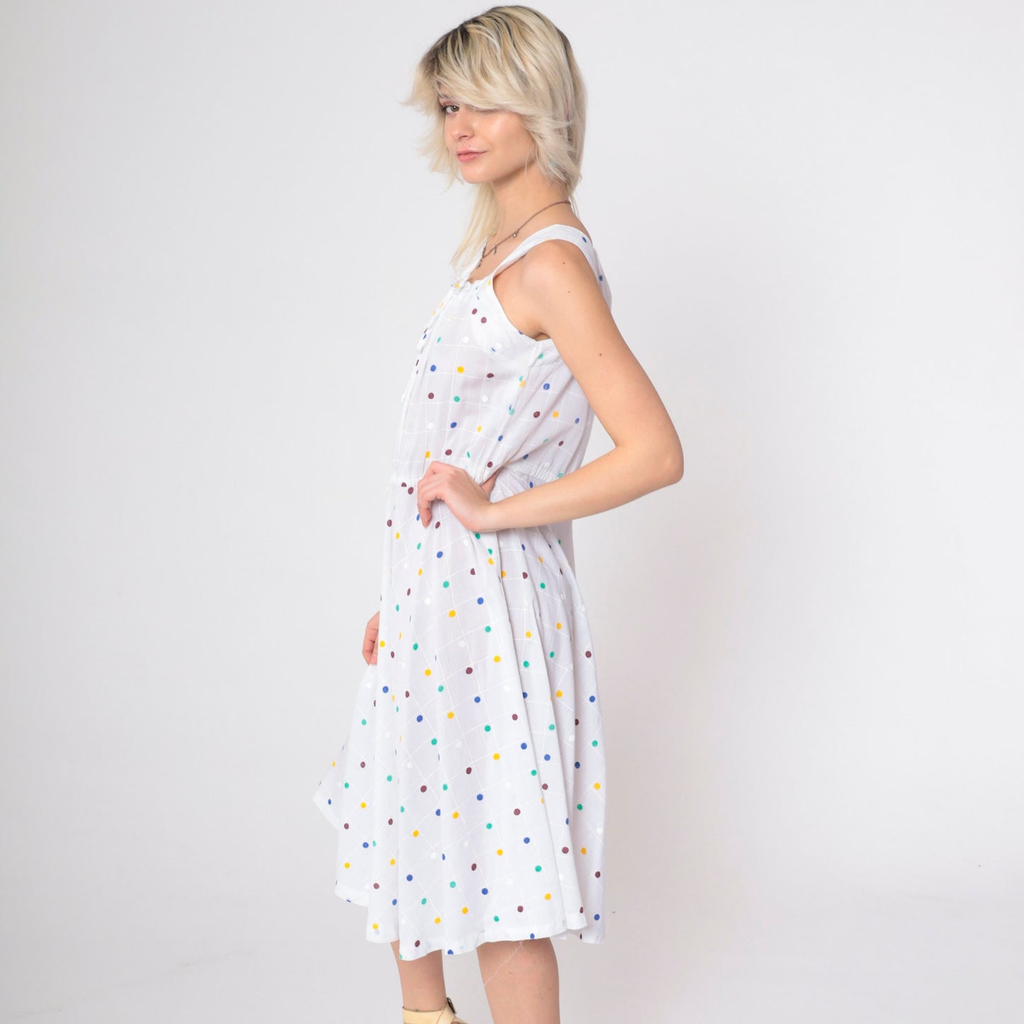 70s White Polka Dot Midi Dress Drawstring Neckline Sleeveless Medium