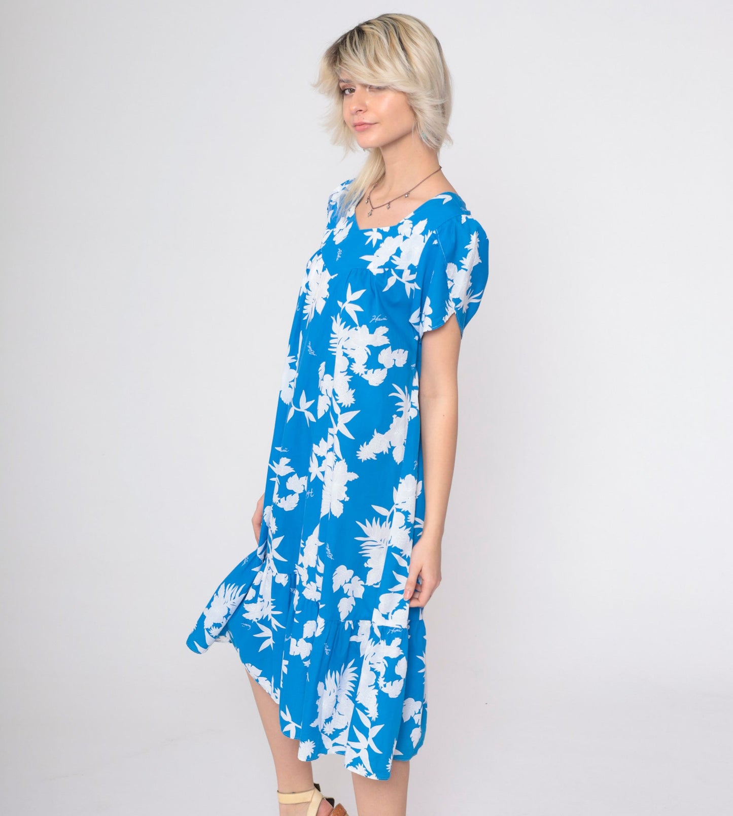 80s Hawaiian Floral Mini Dress Blue Puff Sleeve Tent Cut Small