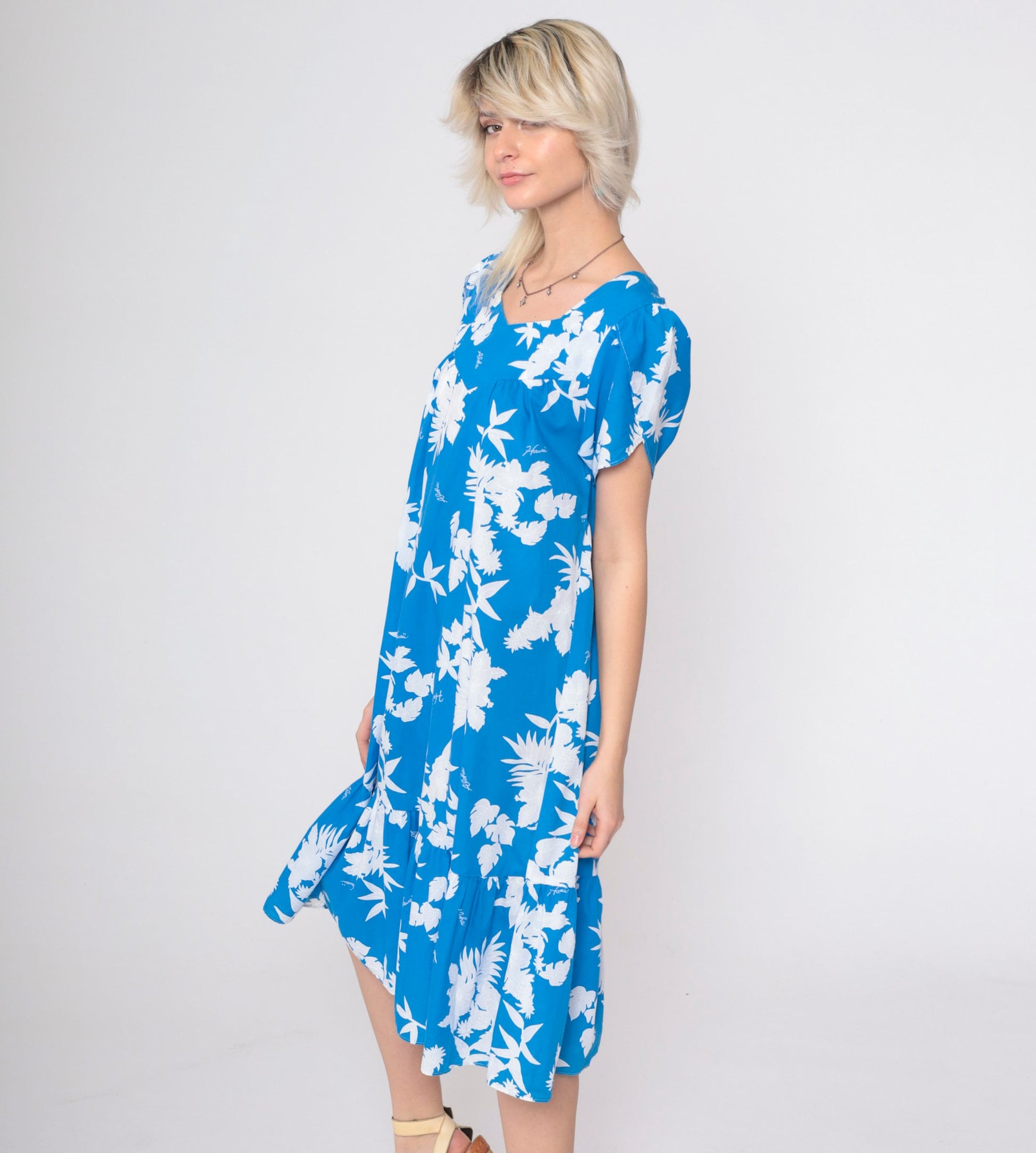 80s Hawaiian Floral Mini Dress Blue Puff Sleeve Tent Cut Small