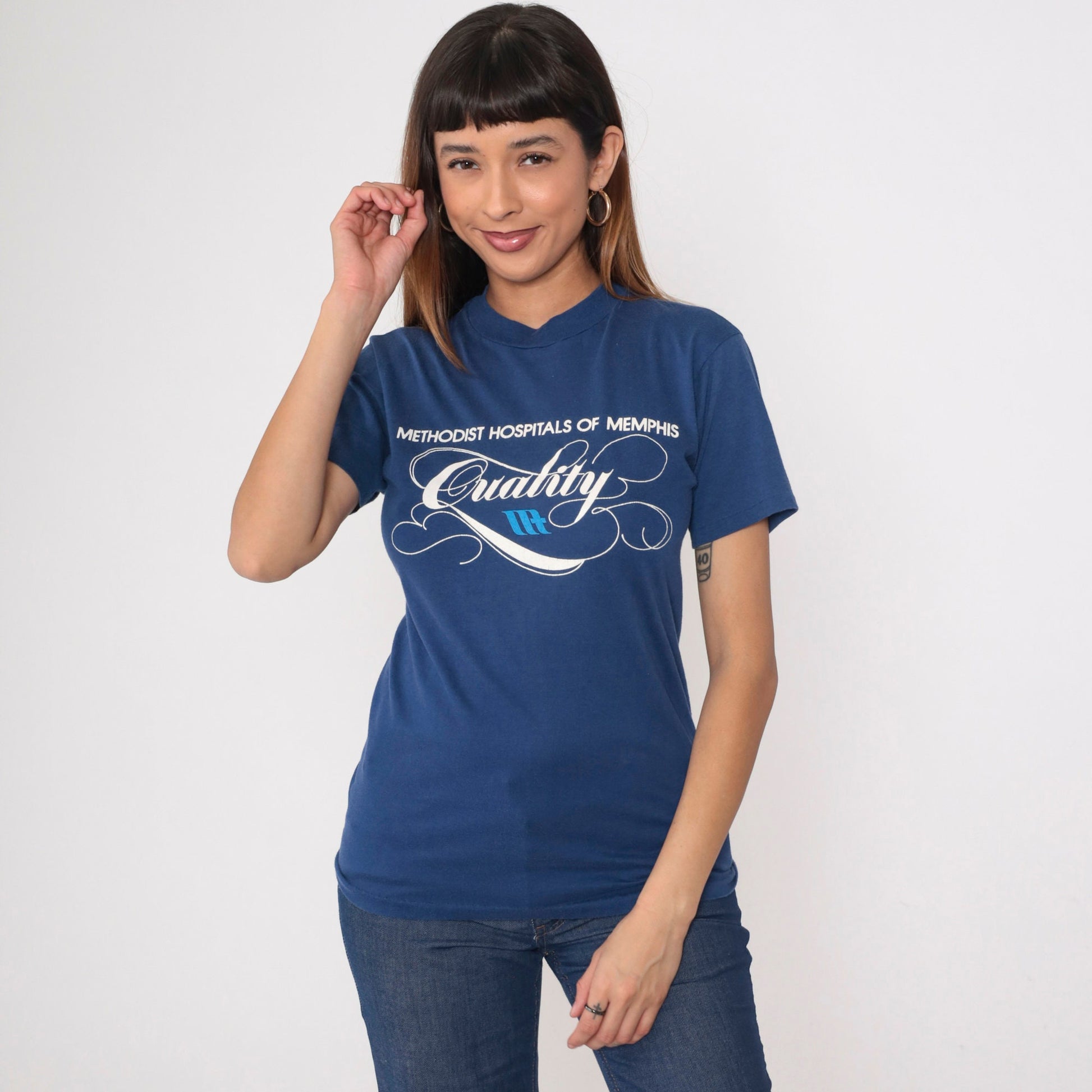 80s Methodist Hospitals of Memphis Graphic T-Shirt Blue Single Stitch Small