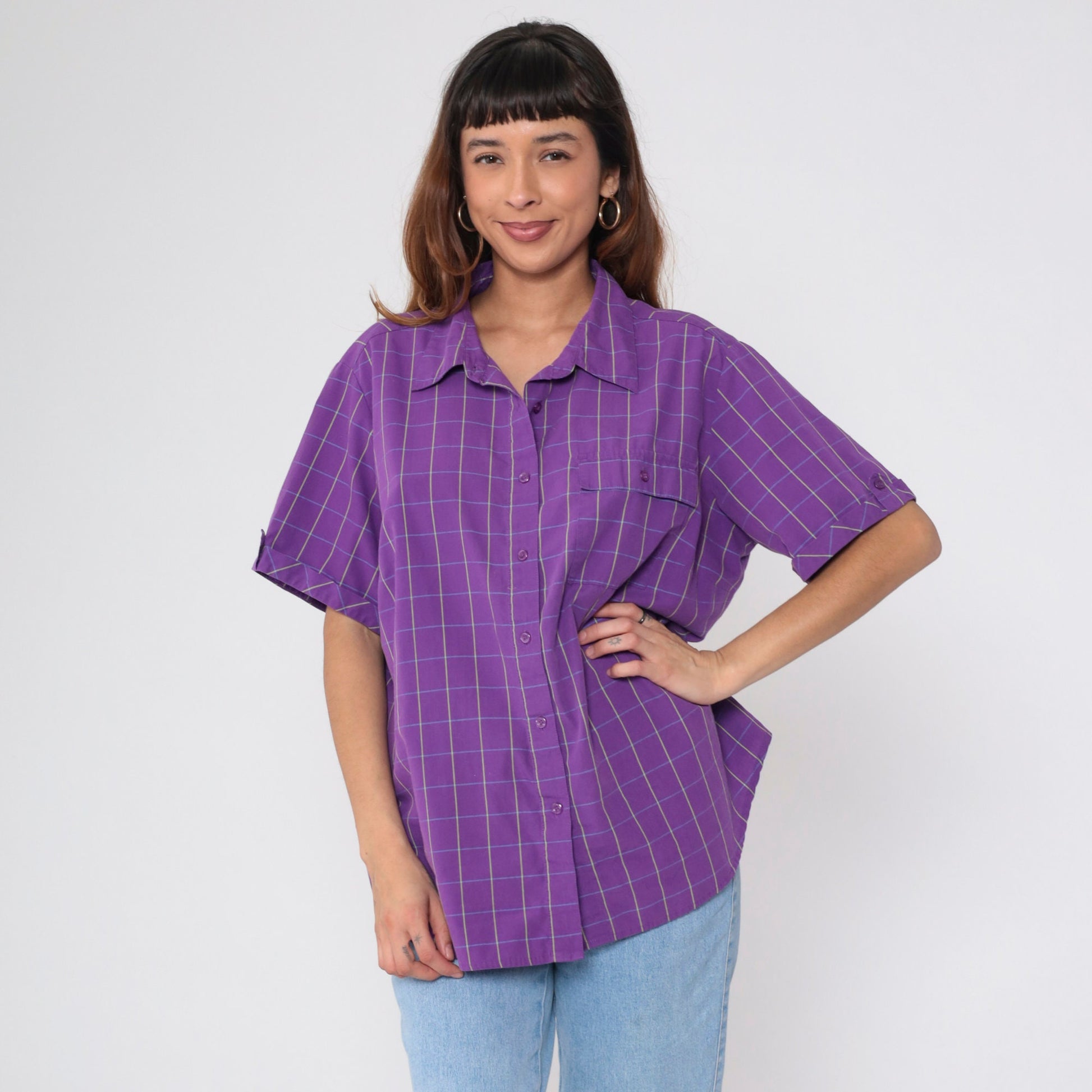 90s Purple Checkered Button-Up Blouse Short Sleeve Preppy Plus Size 18W