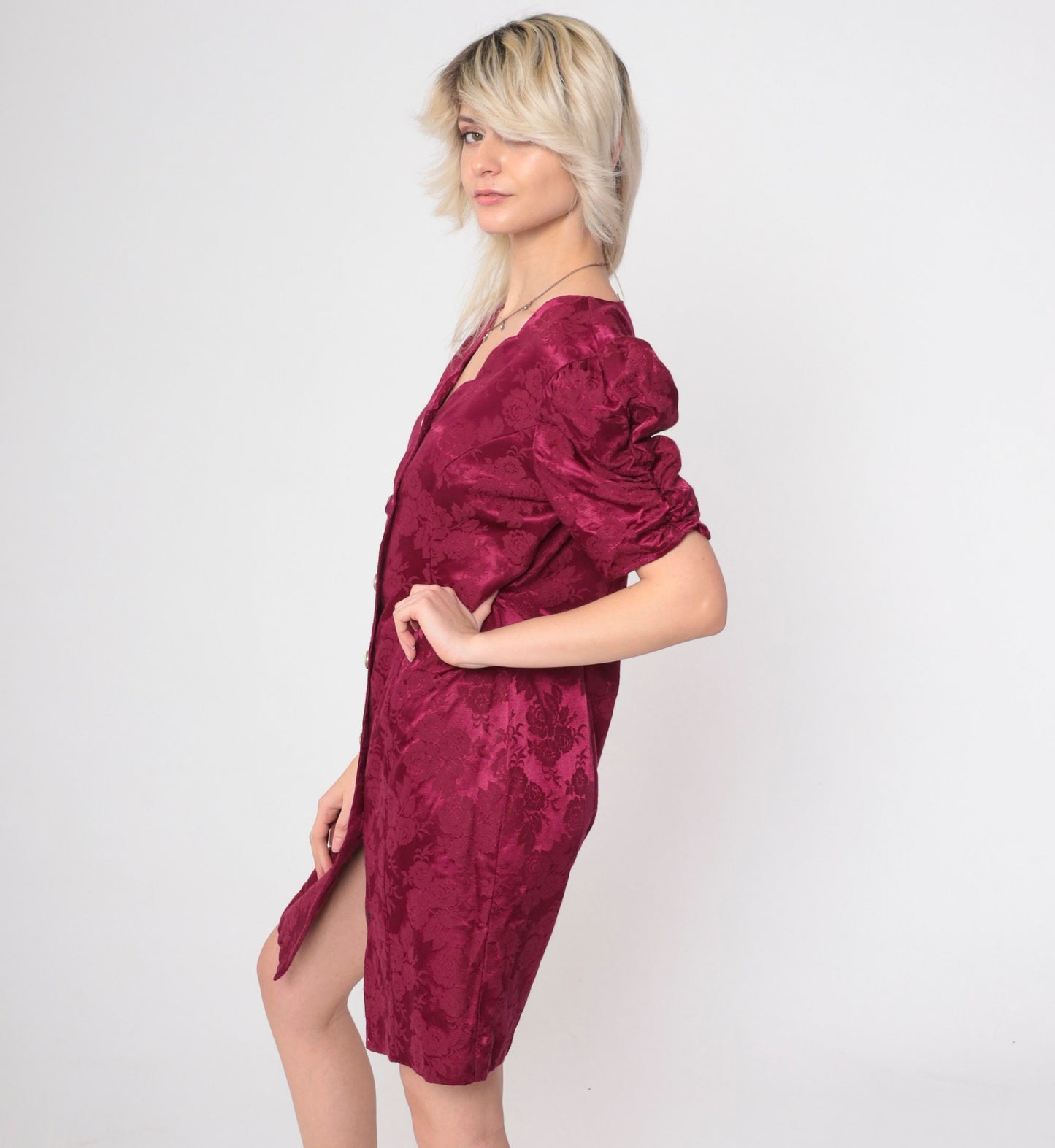 80s Burgundy Floral Brocade Mini Dress Pearl Buttons Puff Sleeve Medium