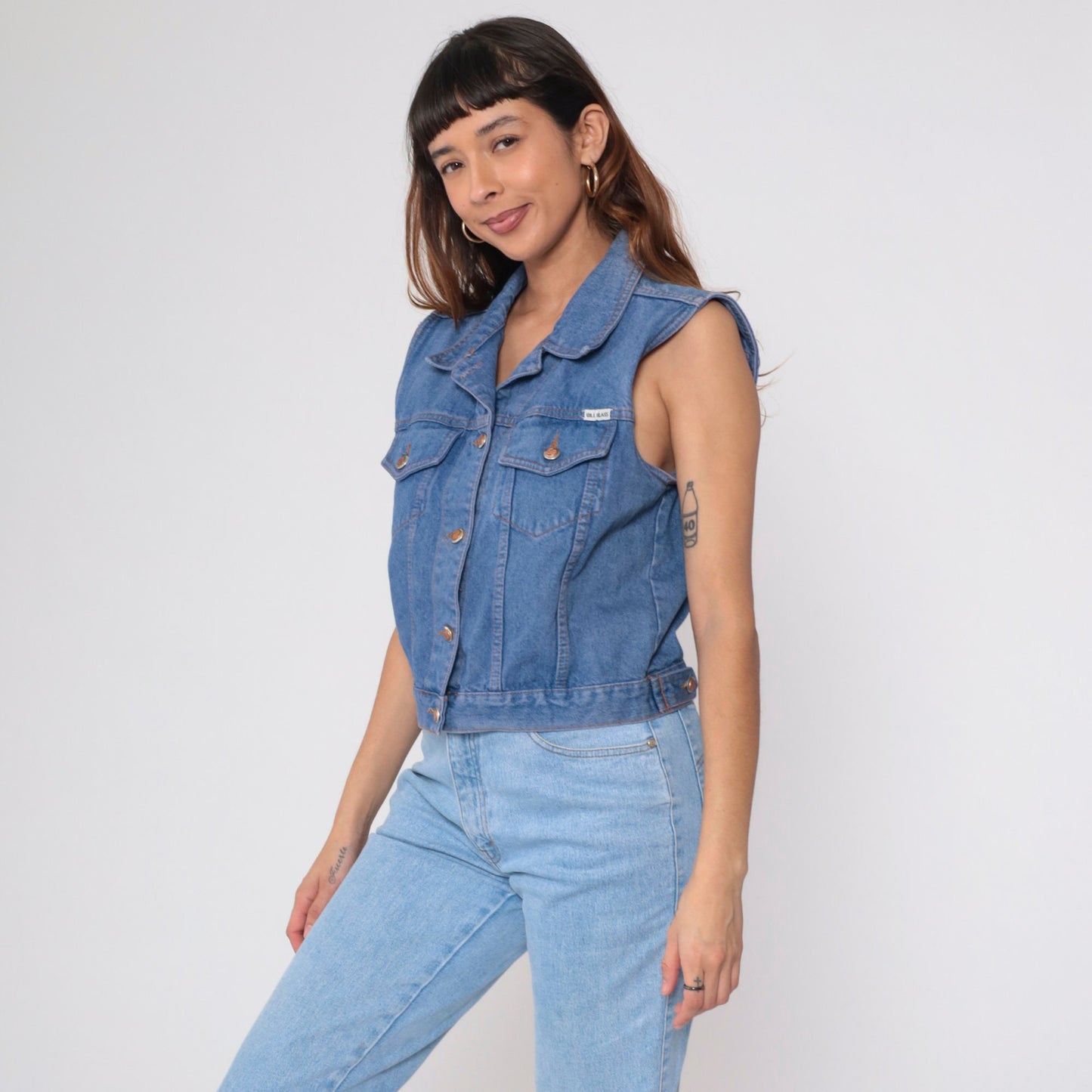 90s Bill Blass Cropped Denim Vest Blue Jean Sleeveless Button-Up Medium