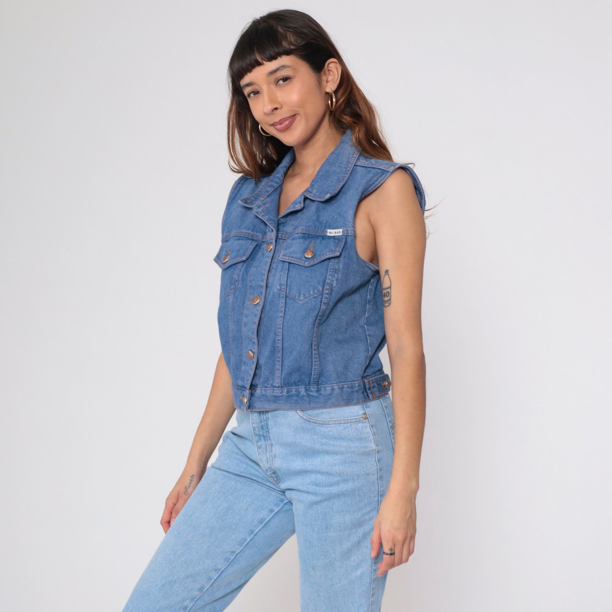 90s Bill Blass Cropped Denim Vest Blue Jean Sleeveless Button-Up Medium