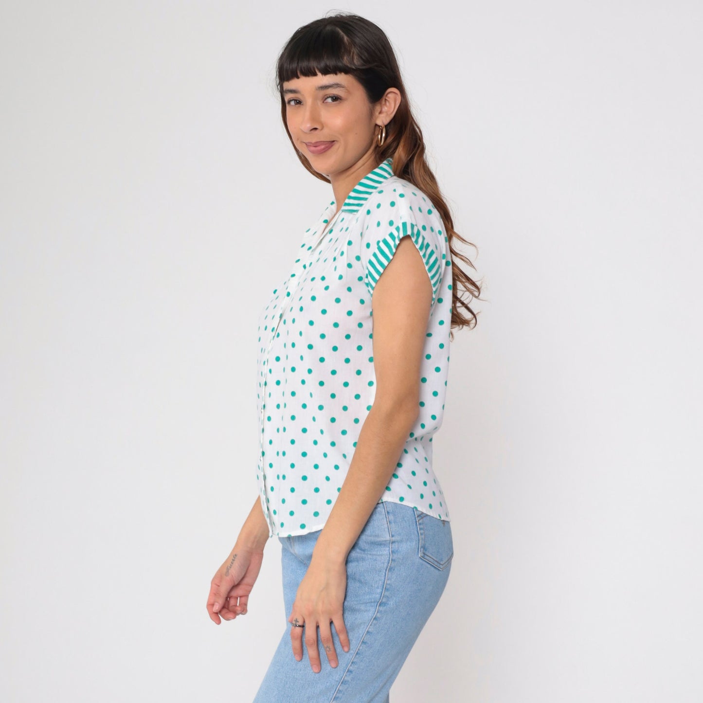 80s White Polka Dot Blouse Green Striped Collar Button Up Cap Sleeve Medium