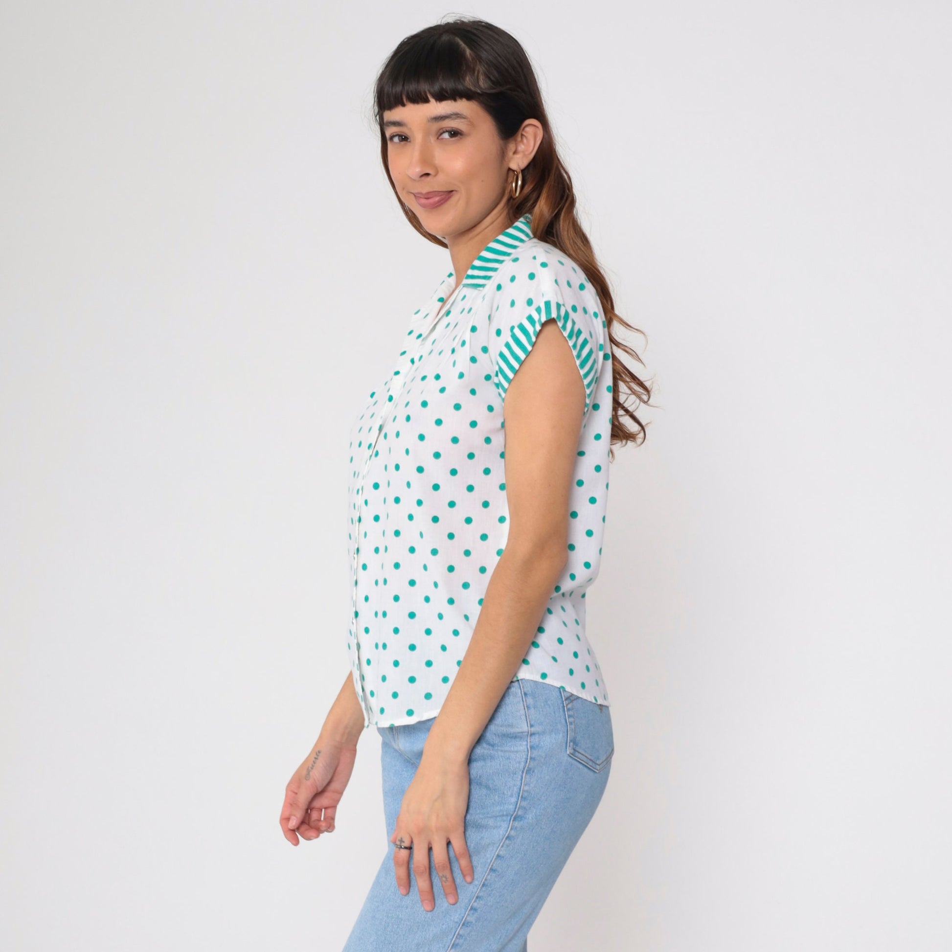 80s White Polka Dot Blouse Green Striped Collar Button Up Cap Sleeve Medium