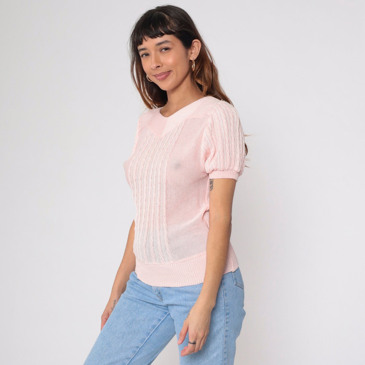 80s Baby Pink Knit Top Puff Sleeve Textured Stripe Extra Small