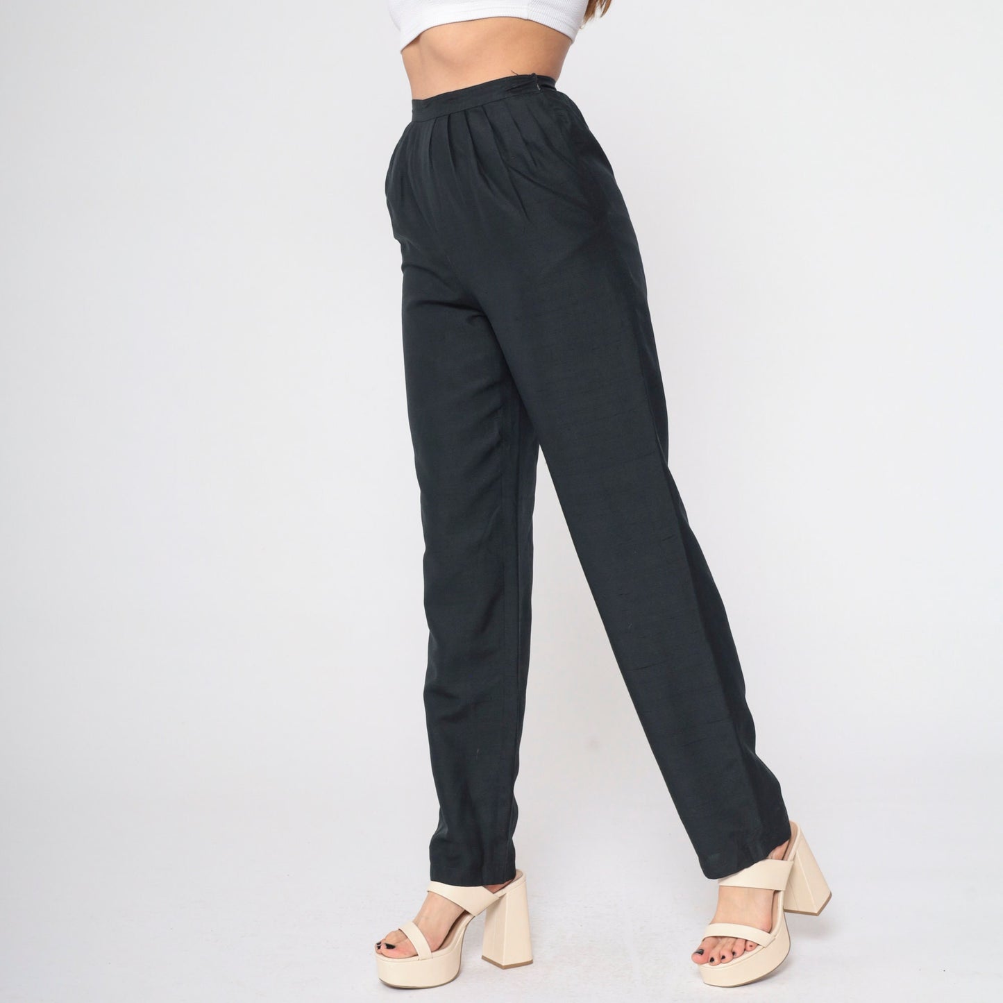 80s Black Silk Pleated Trousers High Waisted Straight Leg Small