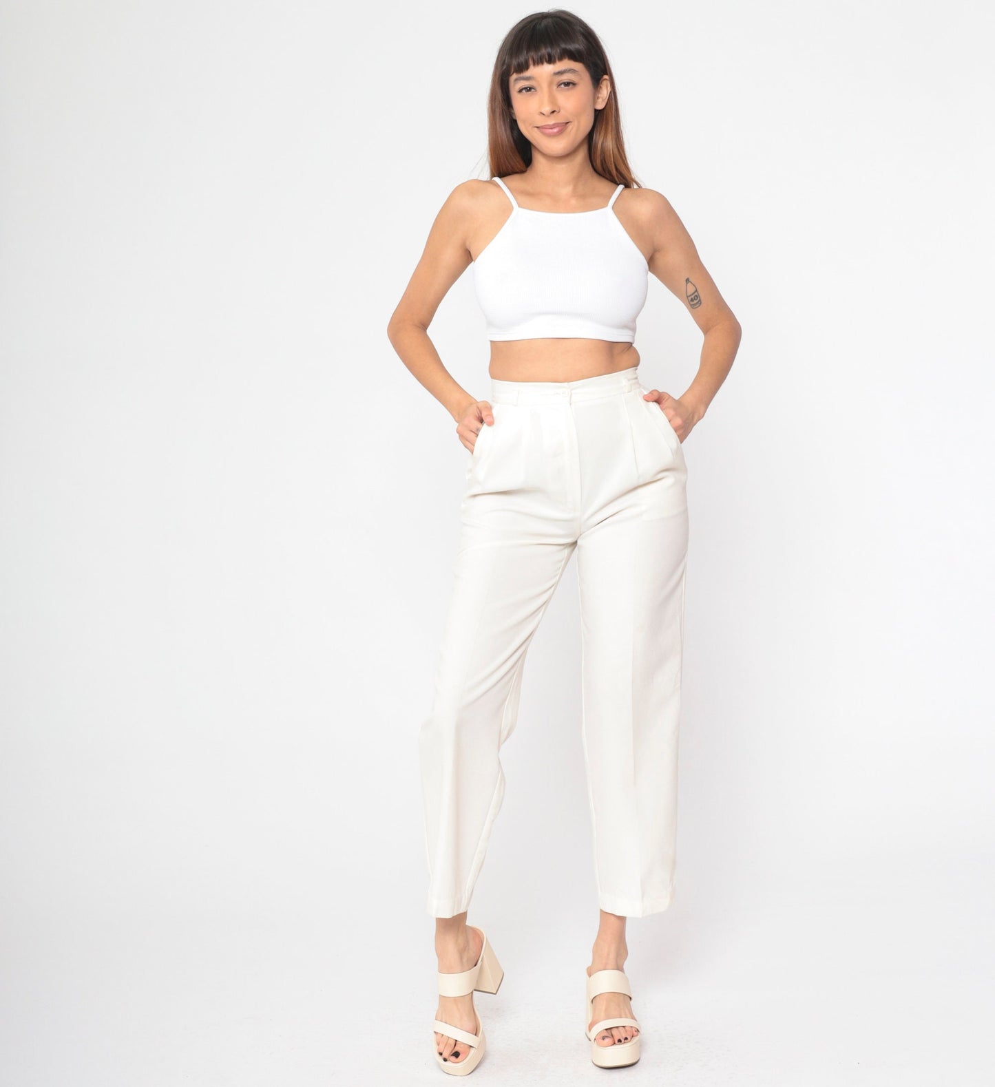 80s Off-White Pleated High-Waisted Straight Leg Trousers Extra Small