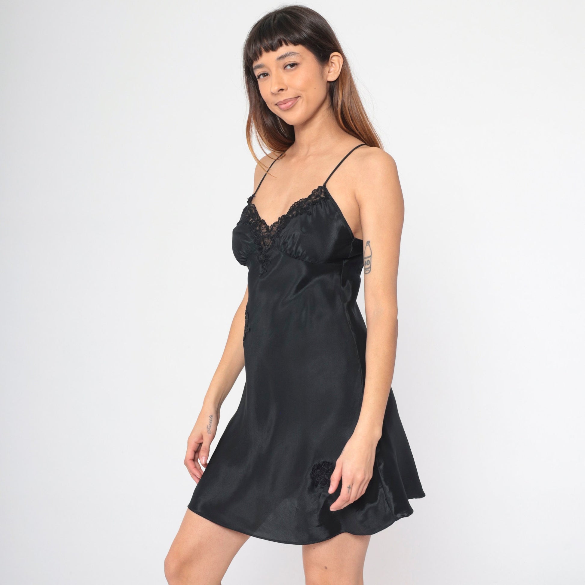 90s Black Slip Dress Mini Lace Floral Applique Empire Waist Small S