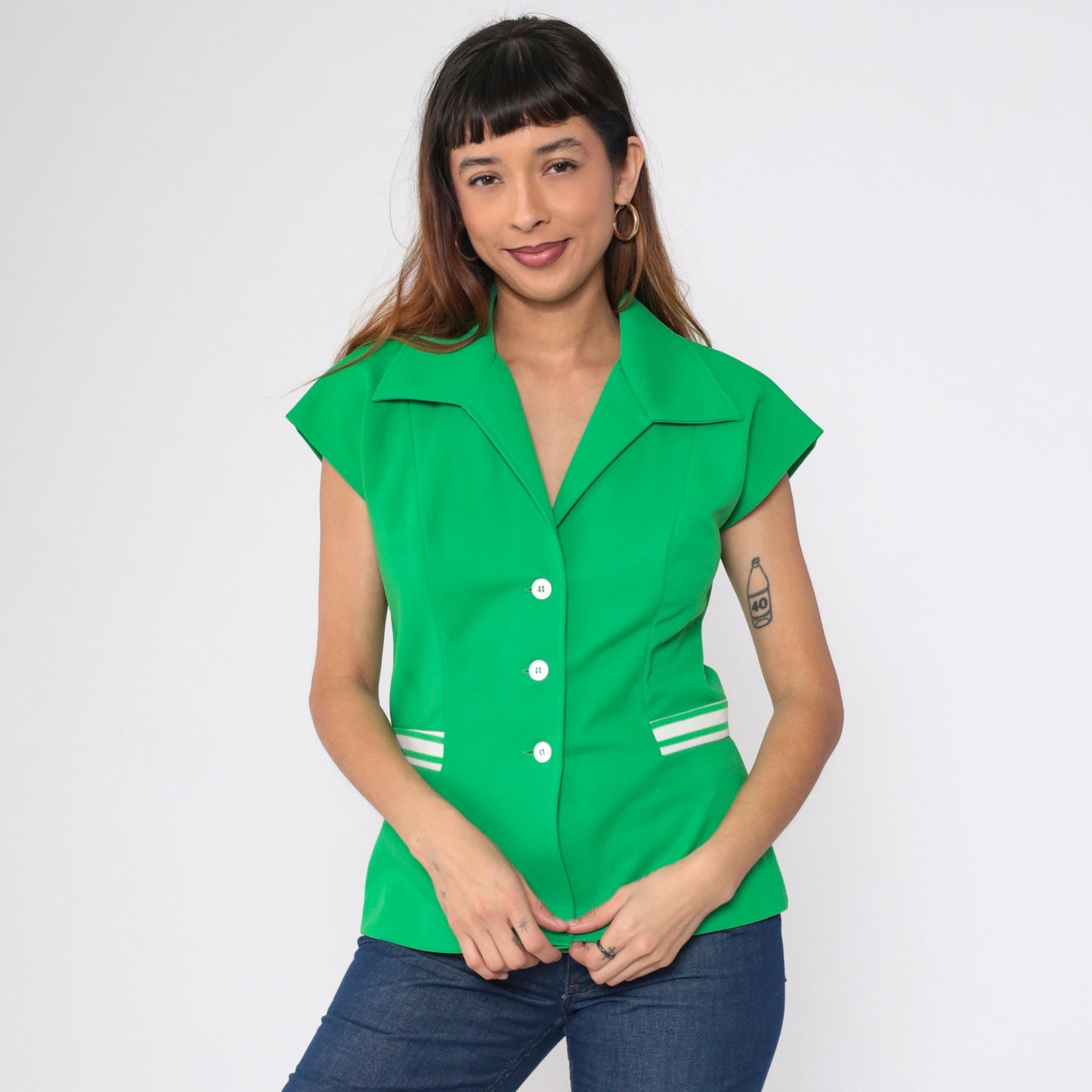 70s Green Button-Up Blouse White Striped Cap Sleeve Collared Shirt Medium
