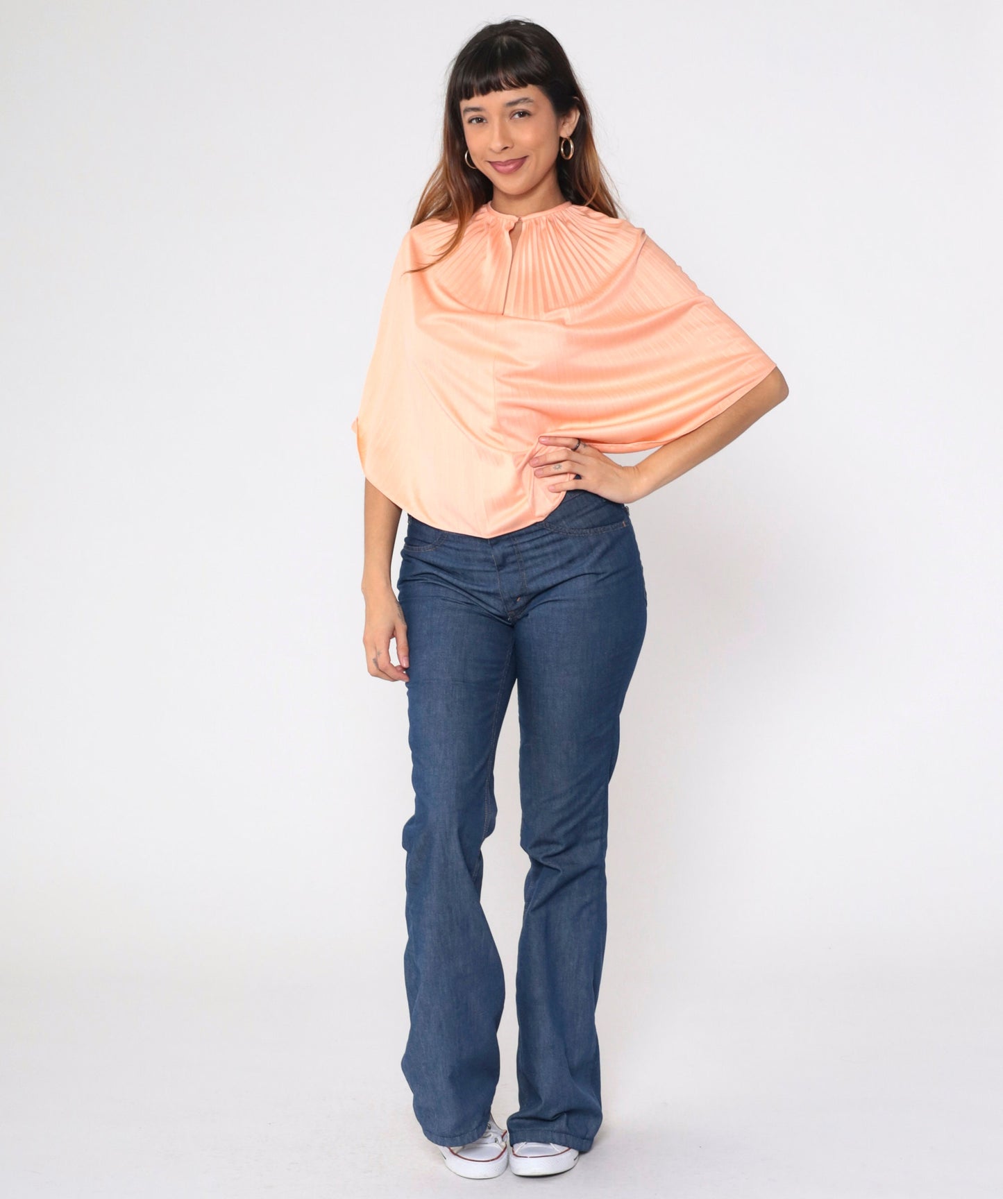 70s Peach Pleated Crop Blouse Wide Sleeve Keyhole Back Small