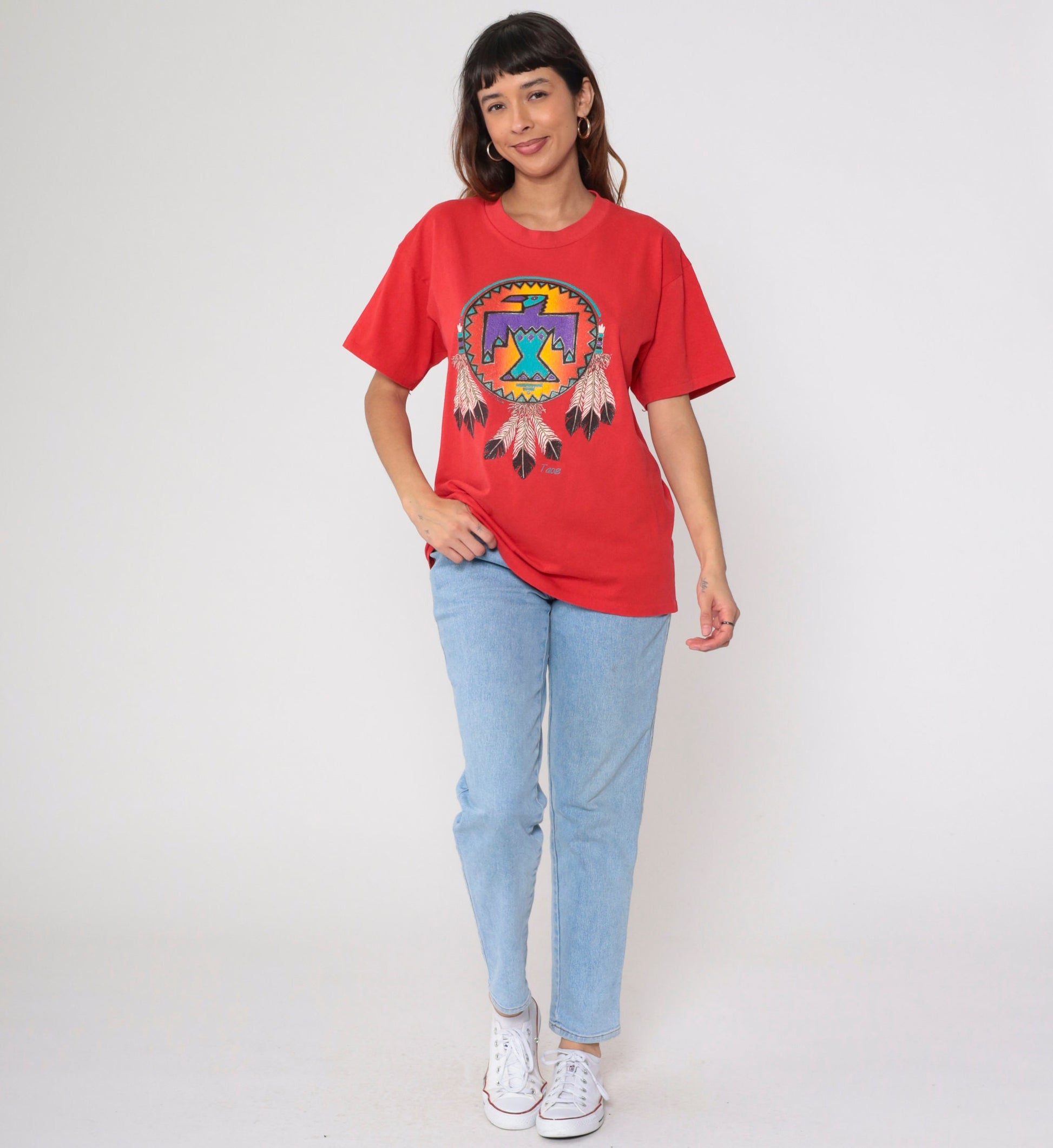 90s Taos New Mexico Eagle Graphic Tee Red Glitter Native American Large L