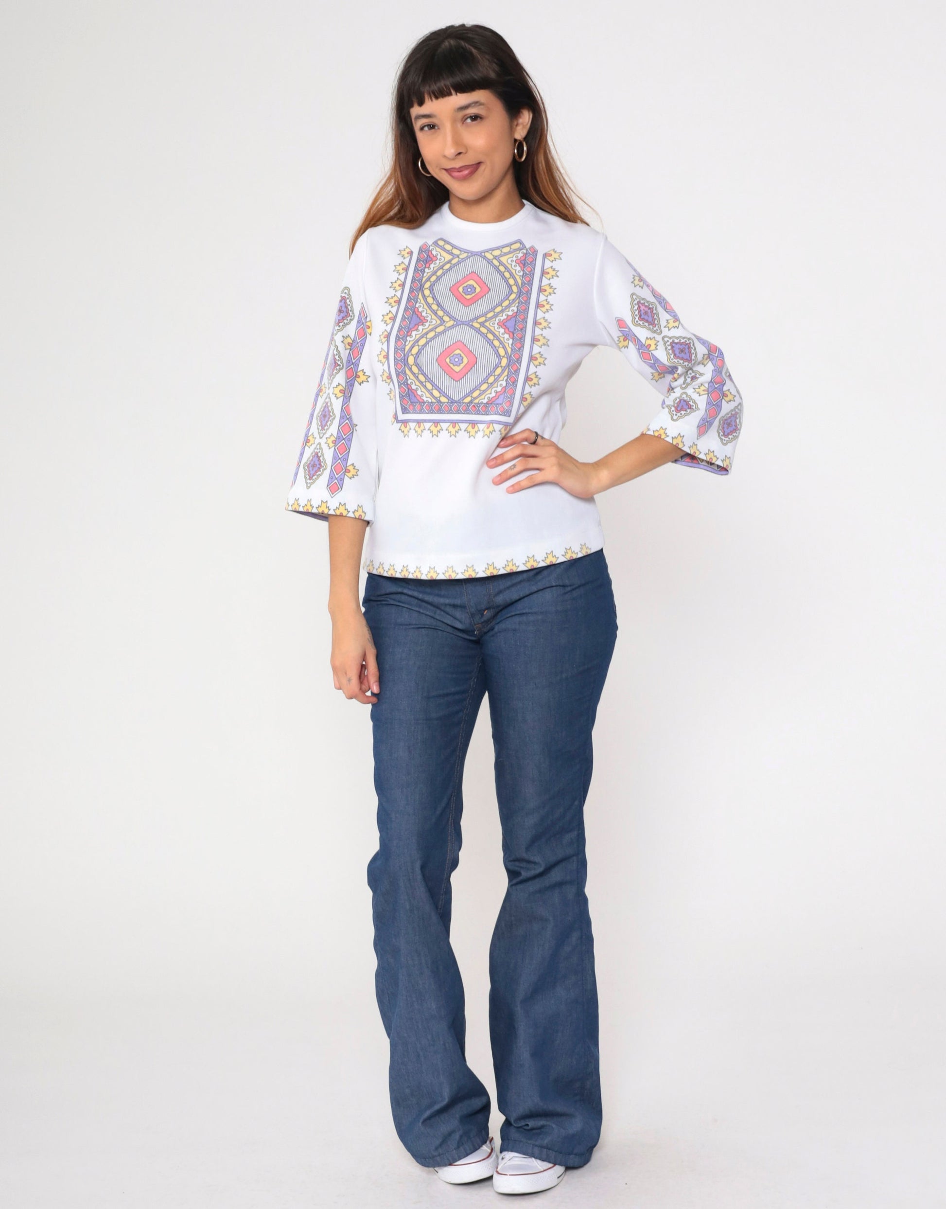 70s Geometric Floral Graphic Blouse White 3/4 Sleeve Zip Back Small