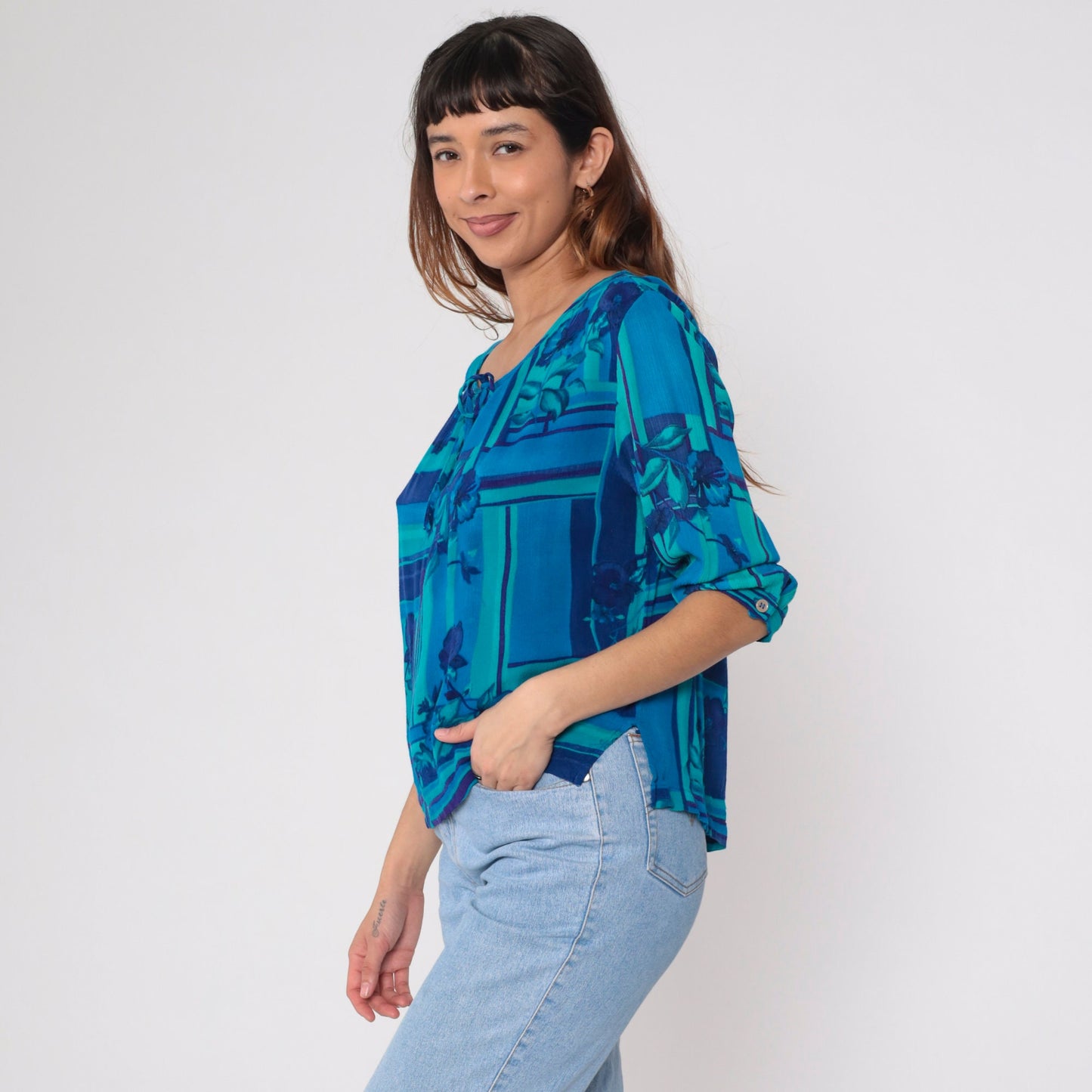 90s Dena Lauren Floral Blouse Tie Neck Blue Rayon 3/4 Sleeve Medium