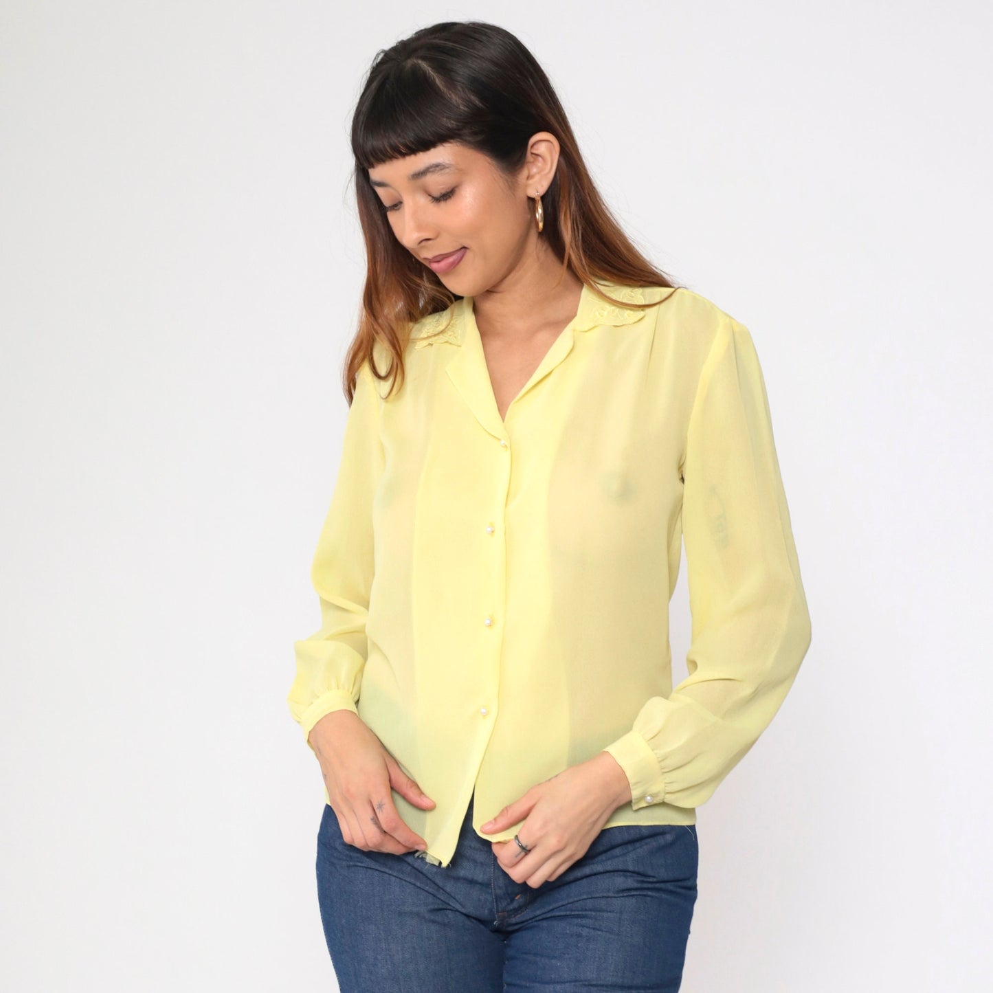 70s Yellow Sheer Blouse Floral Embroidered Collar Button-Up Long Sleeve Medium