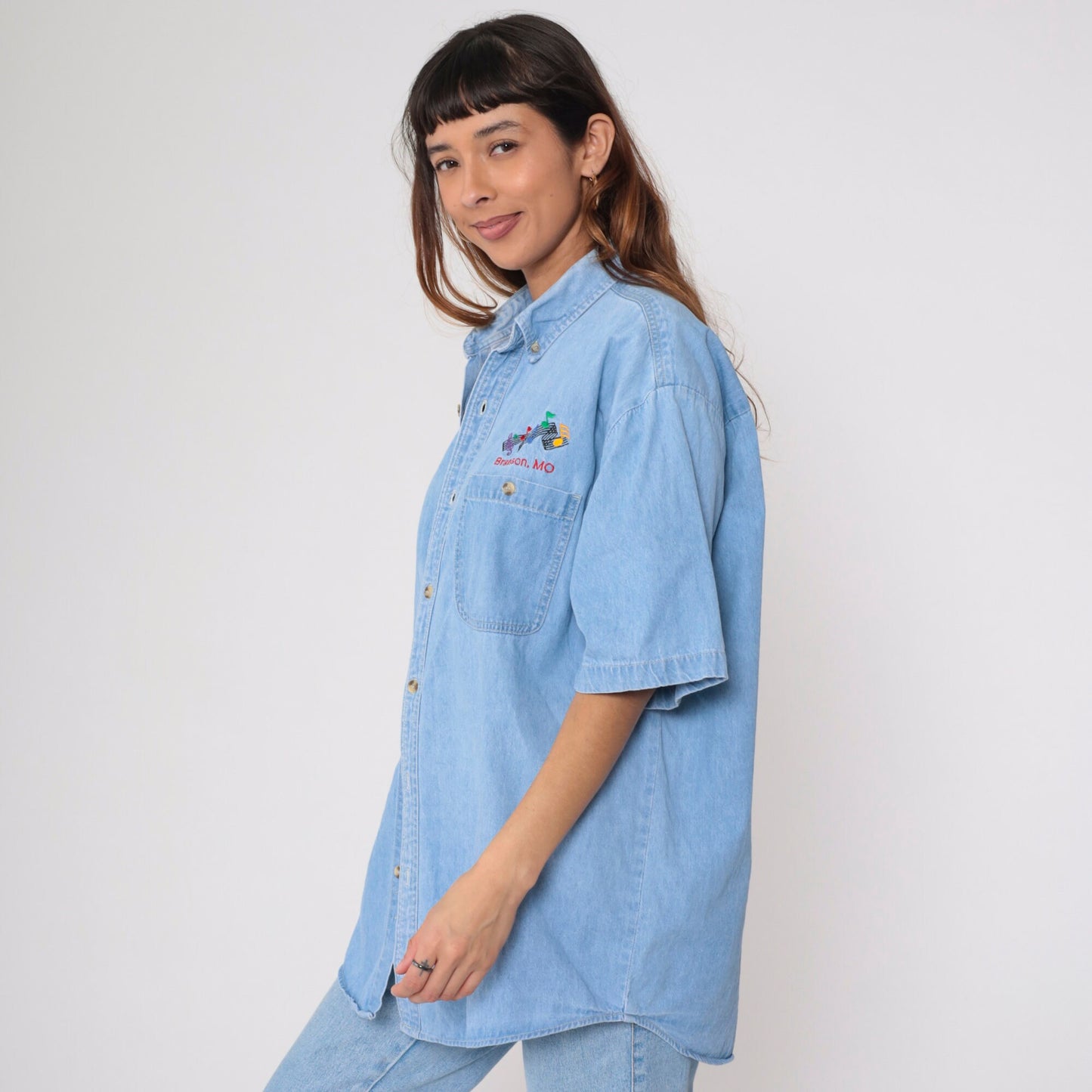 90s Branson Missouri Denim Shirt Music Note Blue Jean Button Up Extra Large