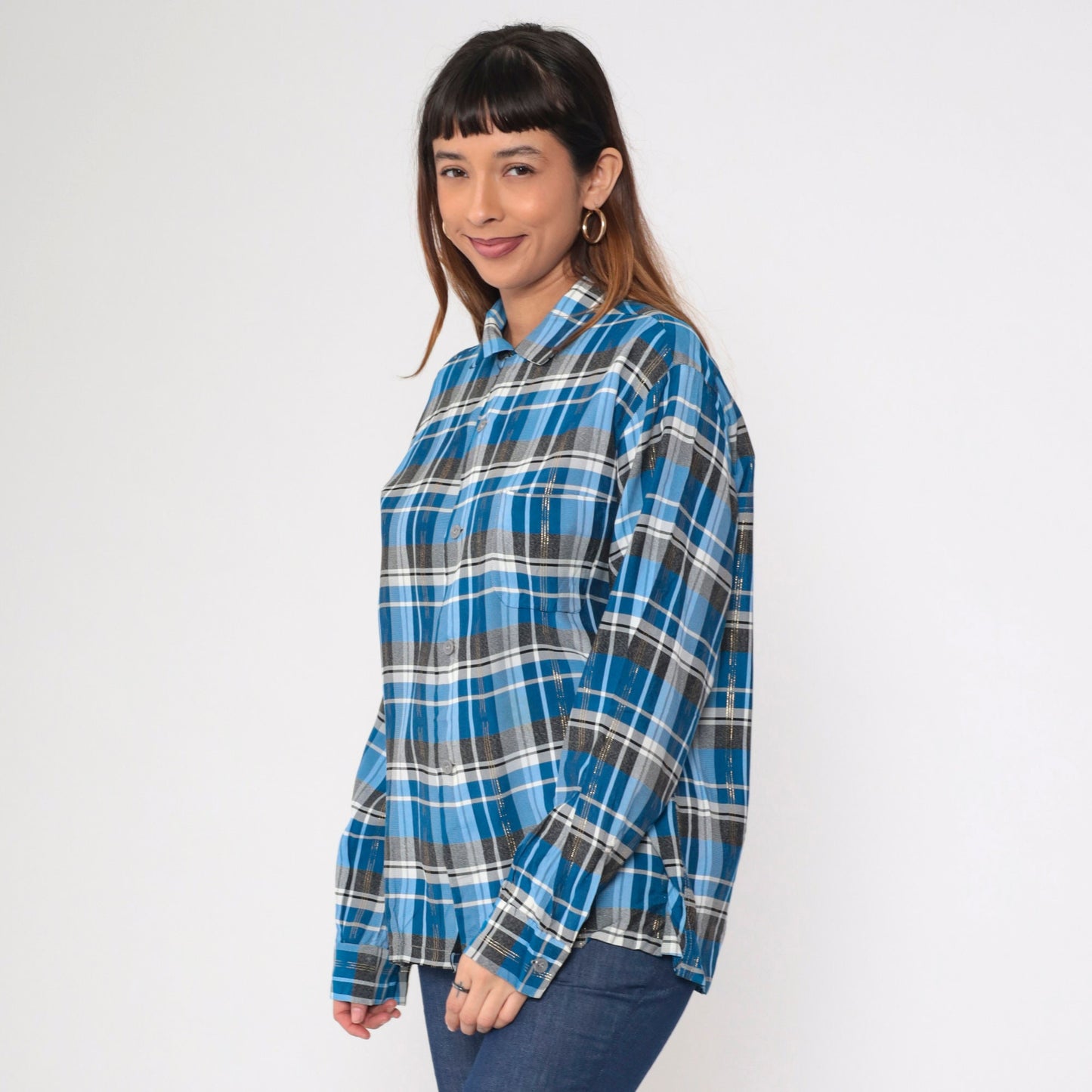70s Metallic Plaid Blue Button-Up Shirt Pilgrim Western Long Sleeve Large