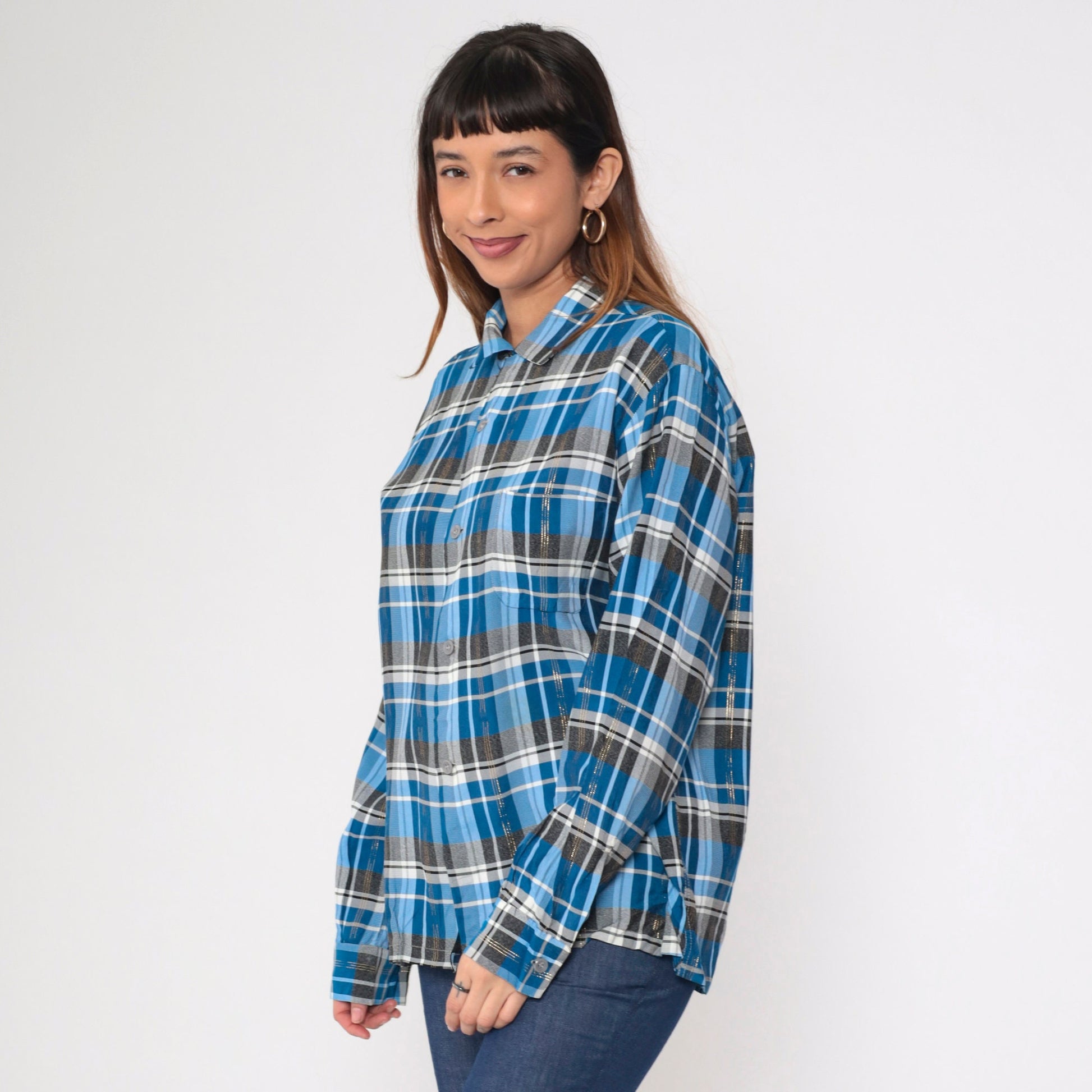 70s Metallic Plaid Blue Button-Up Shirt Pilgrim Western Long Sleeve Large